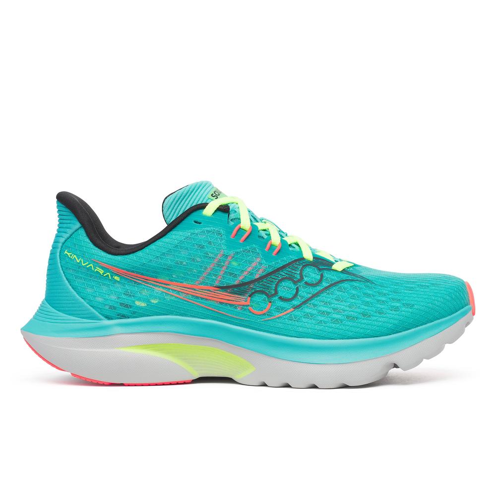 Side view on white background of Mens Saucony Kinvara 16 running shoe in Teal/Mutant, Medium (Regular) width