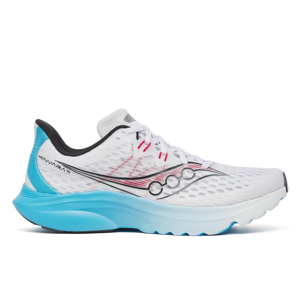 Side view on white background of Womens Saucony Kinvara 16 running shoe in White/Blue, Medium (Regular) width