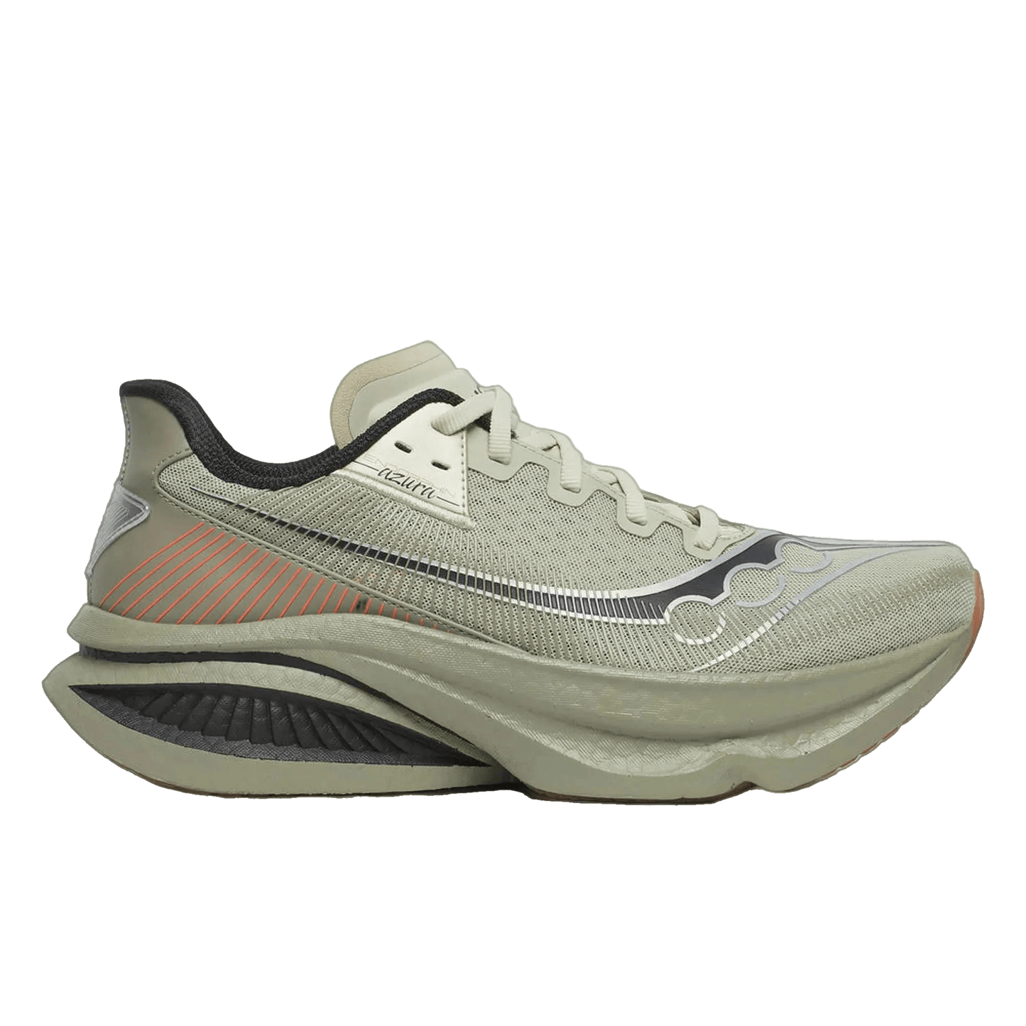 Side view on white background of Mens Saucony Endorphin Azura running shoe in Sage/Laurel, Medium (Regular) width
