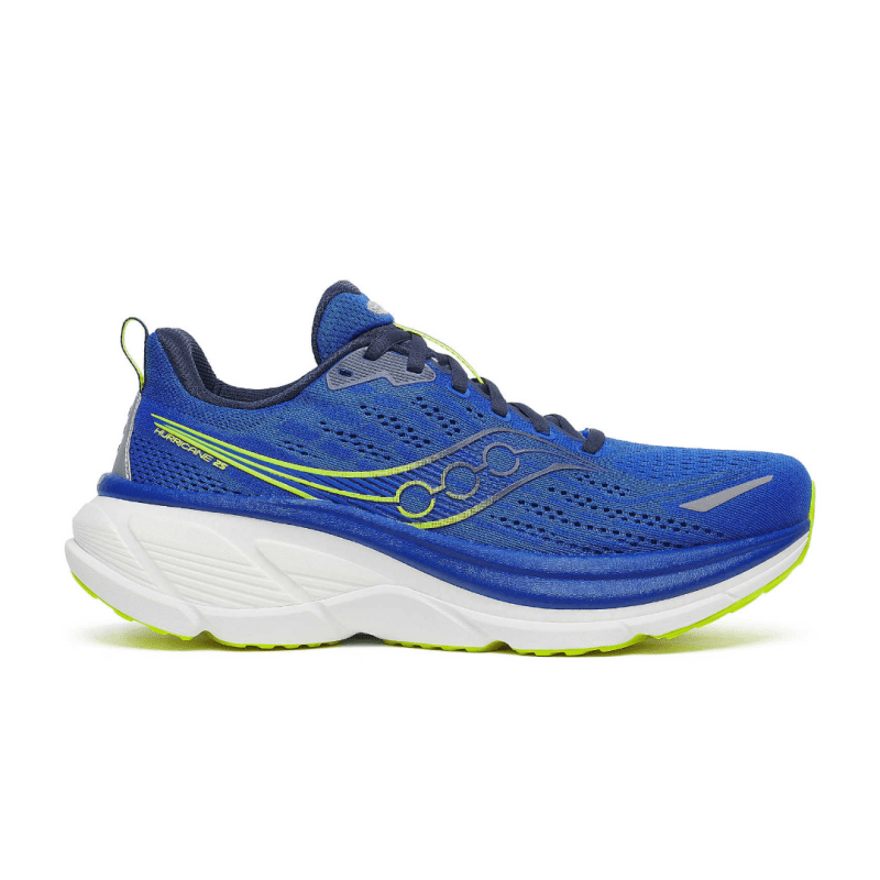 Side view on white background of Mens Saucony Hurricane 25 running shoe in Lapis/Citron, Medium (Regular) width