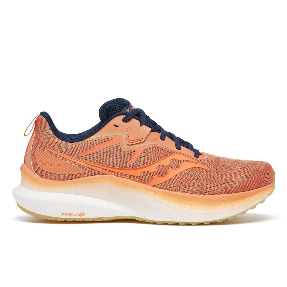 Side view on white background of Mens Saucony Tempus 2 running shoe in Rust/Navy, Medium (Regular) width