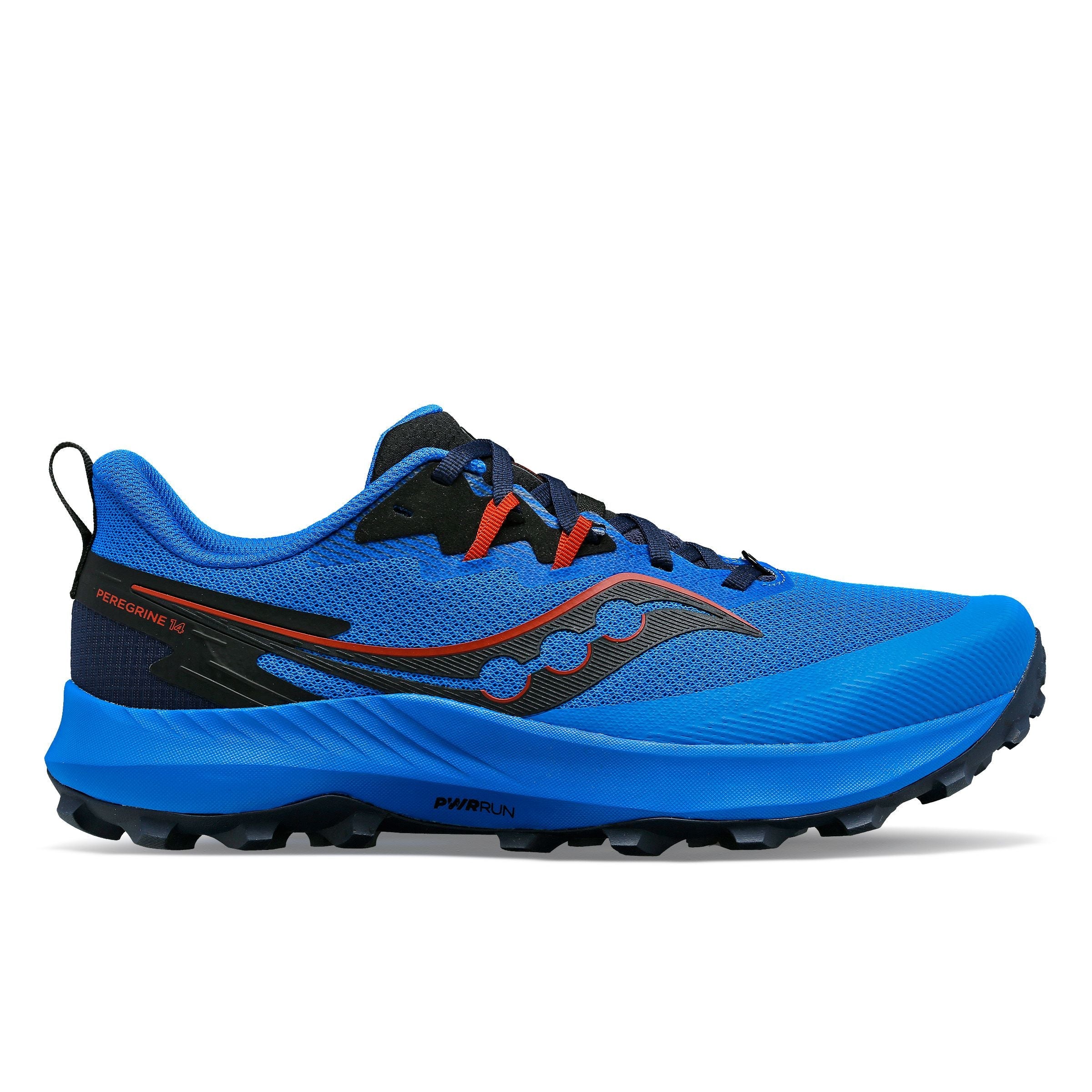 Side view on white background of Mens Saucony Peregrine 14 running shoe in Cobalt/Black, Medium (Regular) width