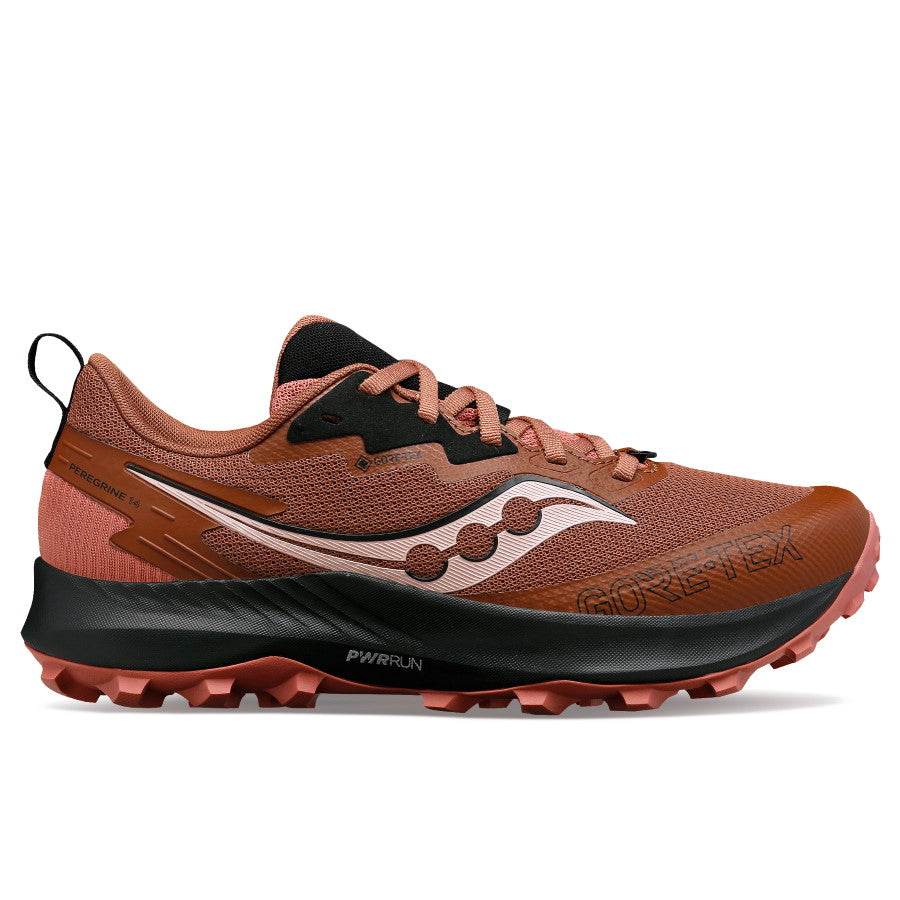 Side view on white background of Womens Saucony Peregrine 14 GTX running shoe in Clove/Black, Medium (Regular) width