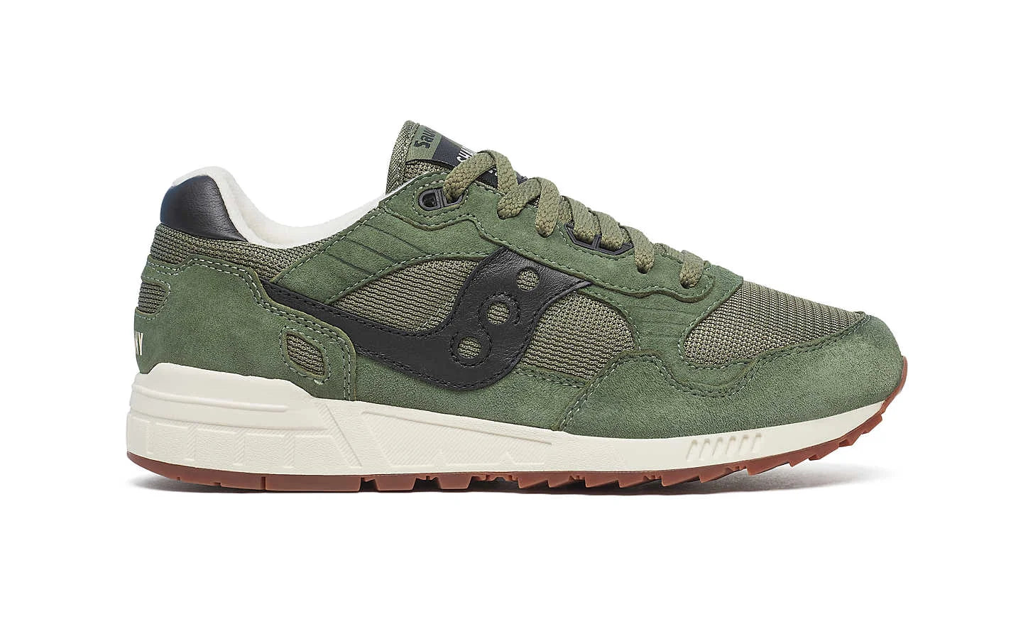 Side view on white background of Mens Saucony Shadow 5000 running shoe in Green/Black, Medium (Regular) width