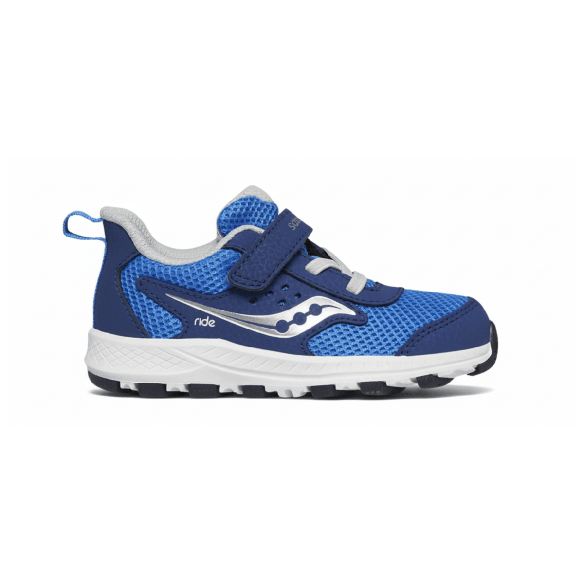 Side view on white background of Kids Saucony Ride 10 Jr running shoe in Blue/Silver, Extra Wide width