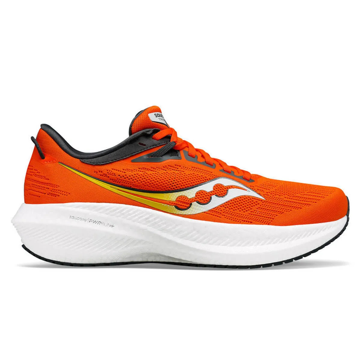 Side view on white background of Mens Saucony Triumph 21 running shoe in Pepper and Shadow, Medium (Regular) width