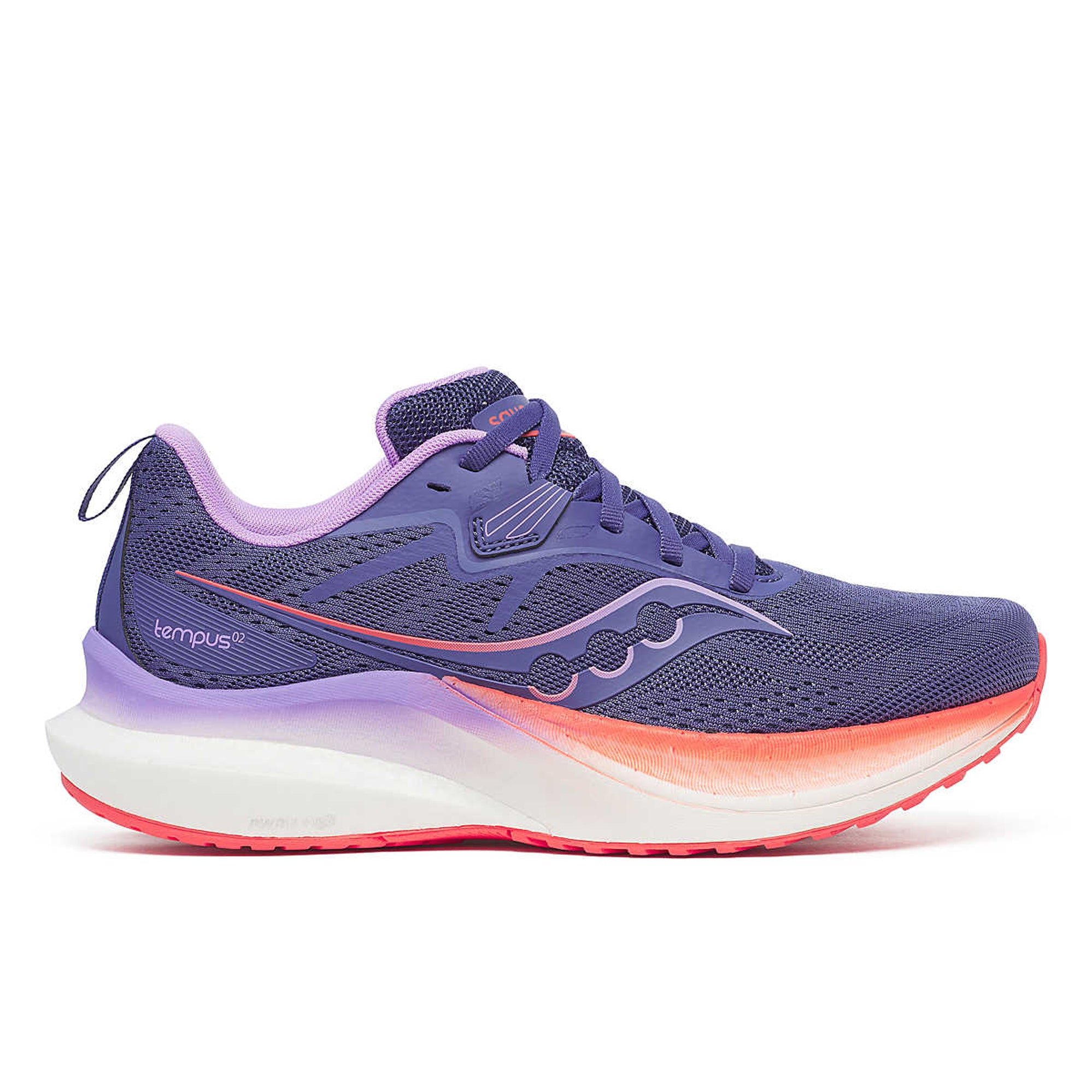 Side view on white background of Womens Saucony Tempus 2 running shoe in Marine/Crocus, Medium (Regular) width