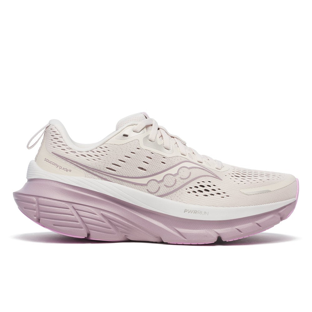 Side view on white background of Womens Saucony Guide 18 running shoe in Moon/Quail, Wide width