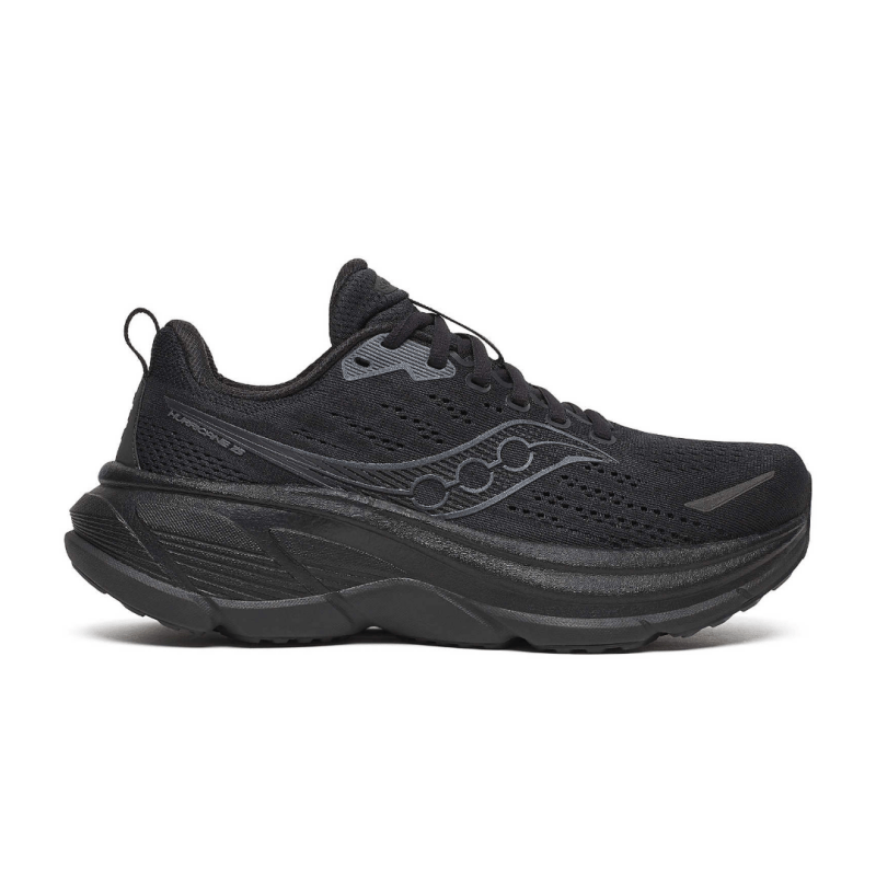 Side view on white background of Womens Saucony Hurricane 25 running shoe in Triple Black, Medium (Regular) width