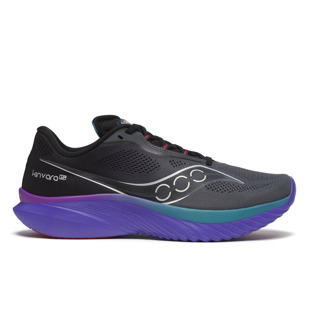 Side view on white background of Womens Saucony Kinvara 15 running shoe in Shadow/Storm, Medium (Regular) width
