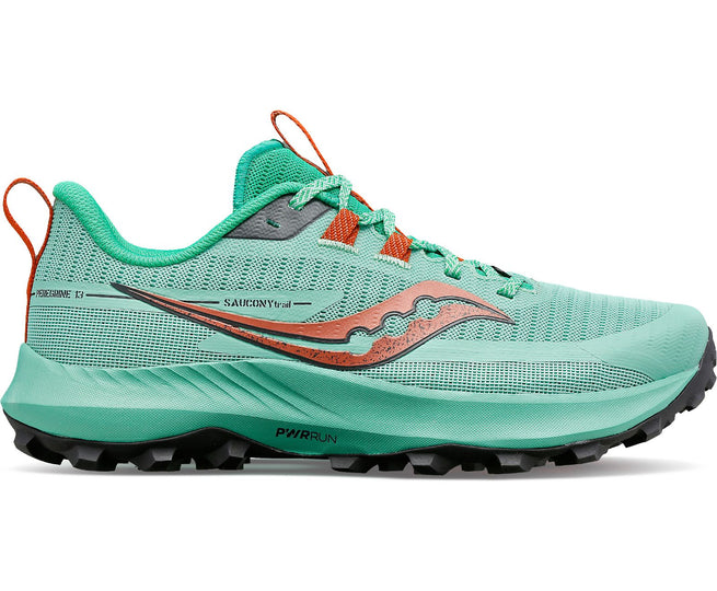 Side view on white background of Womens Saucony Peregrine 13 running shoe in Sprig/Canopy, Medium (Regular) width