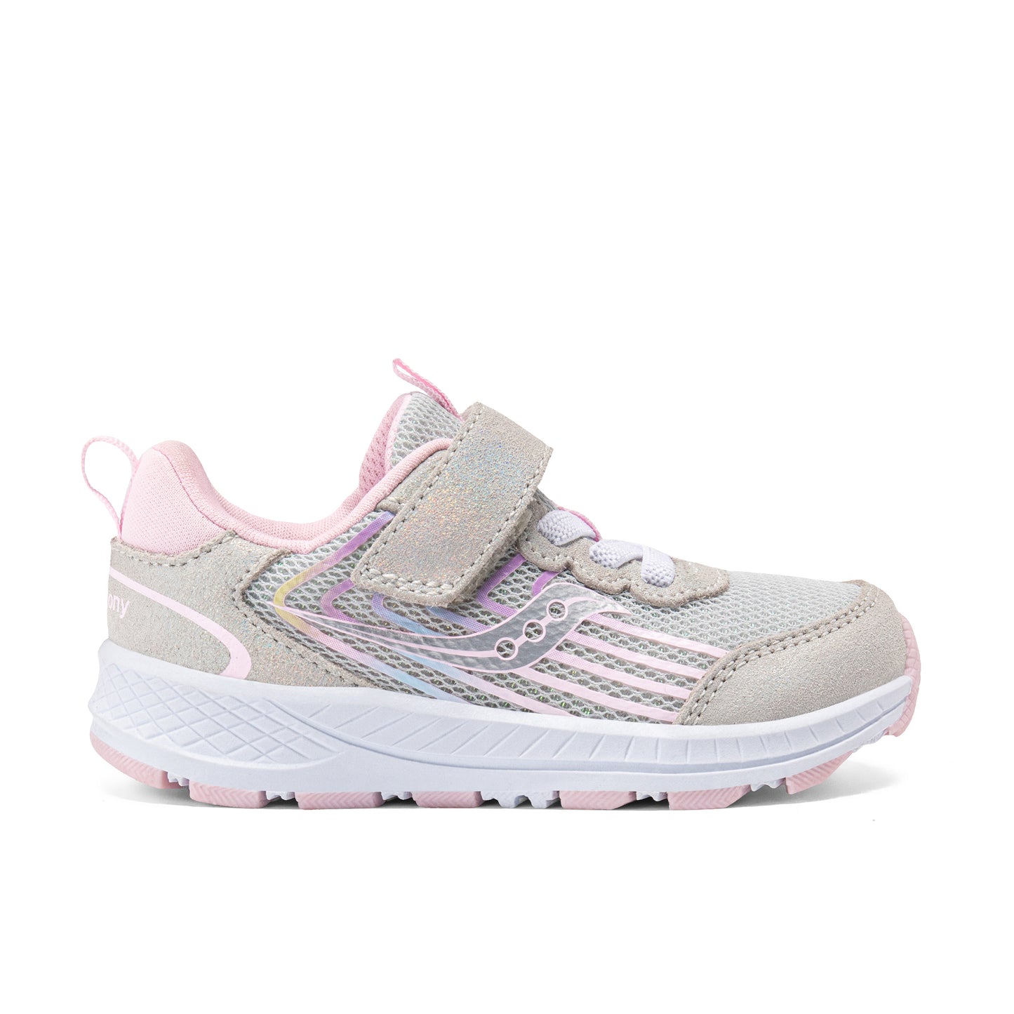 Side view on white background of Toddler Saucony Wind 3.0 running shoe in Gold/Rainbow, Medium (Regular) width