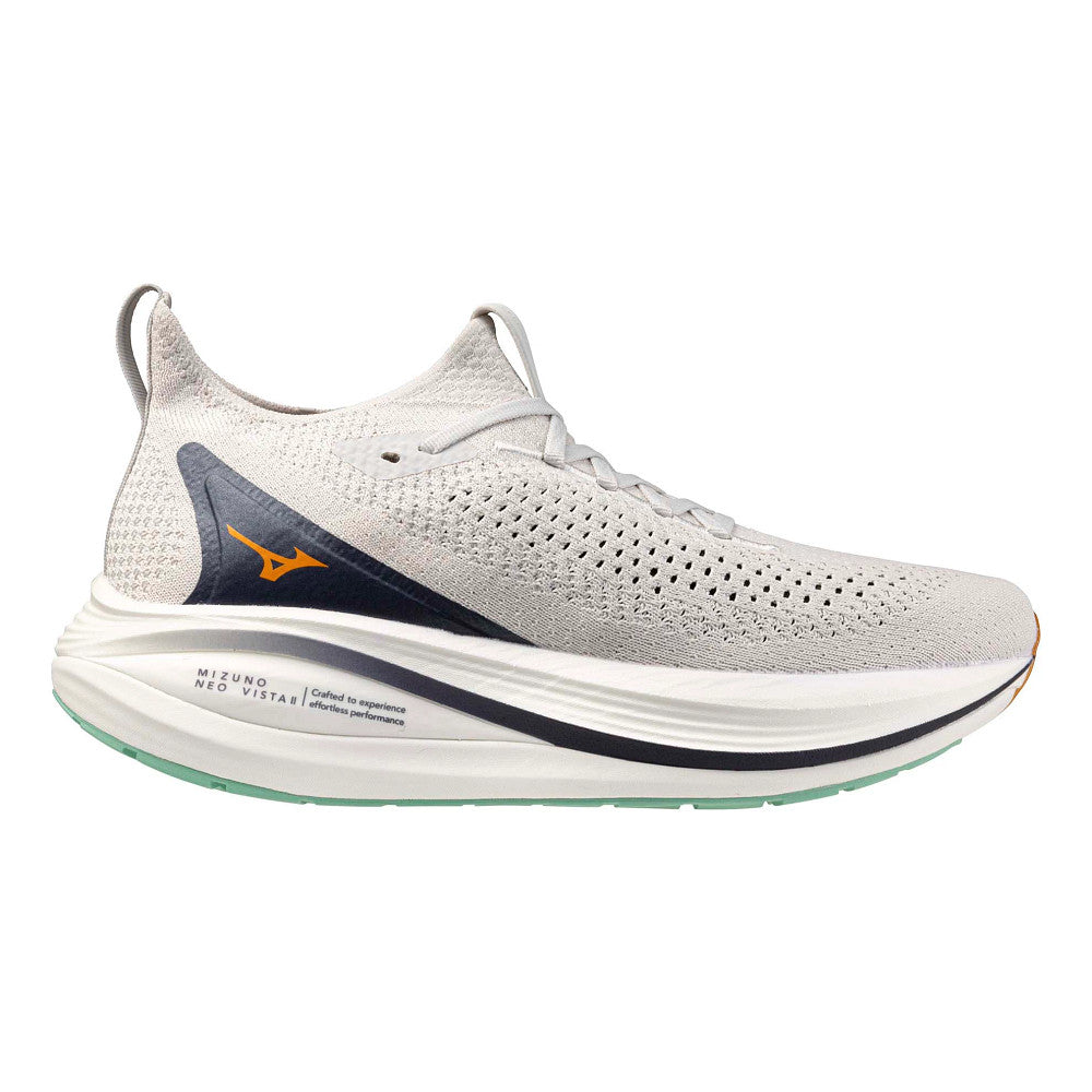 Side view on white background of Mens Mizuno Neo Vista 2 running shoe in Nimbus Cloud/Tangelo, Medium (Regular) width