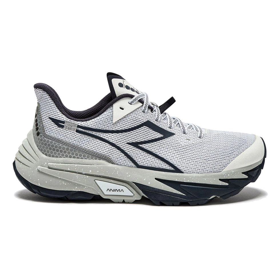 Side view on white background of Womens Diadora Sestriere-Xt 2 running shoe in White/Silver Dd/Blue Nights, Medium (Regular) width