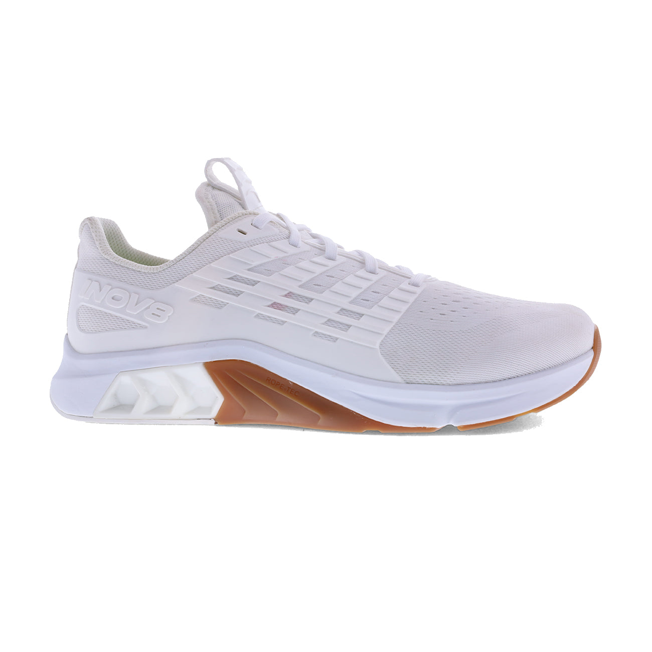 Side view on white background of Mens Inov8 F-Lite Max running shoe in White/Gum, Wide width