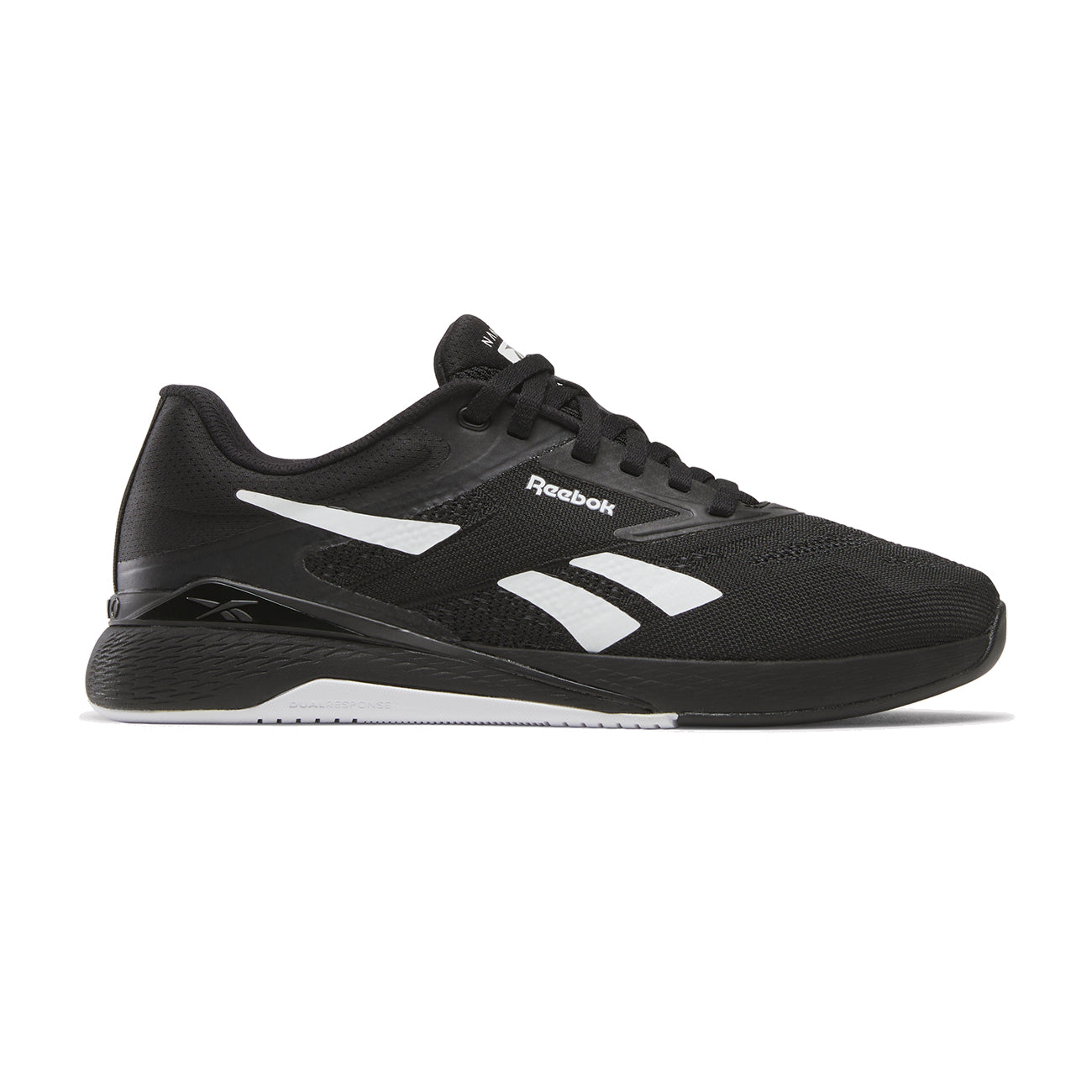 Side view on white background of Womens Reebok Nano X5 running shoe in Black/Footwear White, Medium (Regular) width