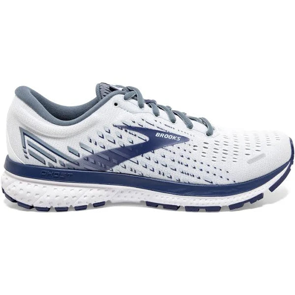 Men's Brooks Ghost 13, White/Grey/Deep Cobalt, 9 B Narrow