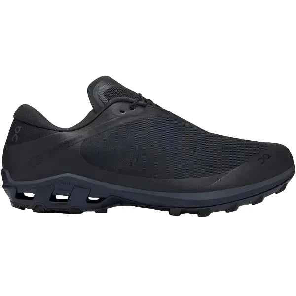 Side view on white background of Womens On Cloudventure Peak PAF running shoe in All Black, Medium (Regular) width