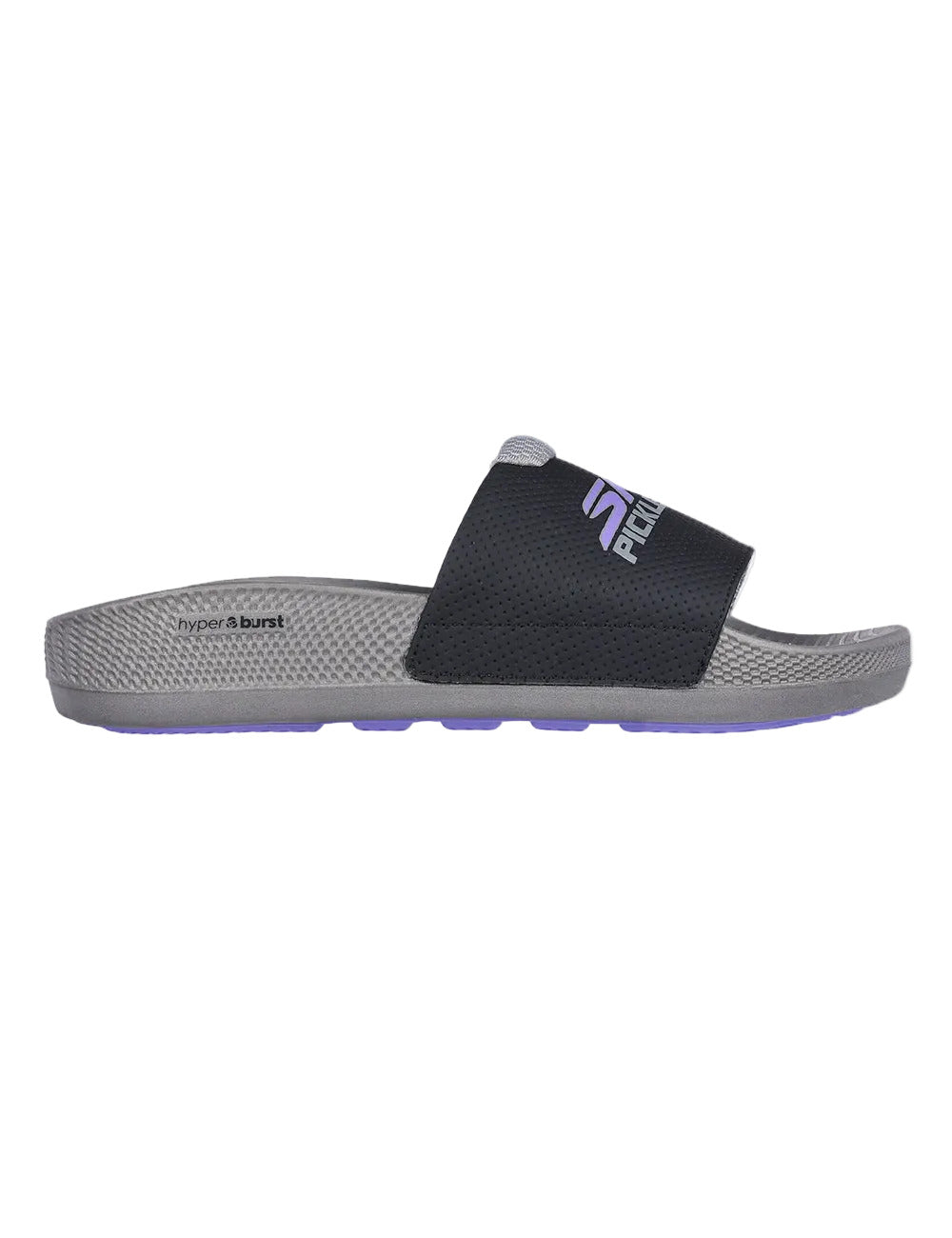 Side view on white background of Womens Skechers Hyper Slide Revive running shoe in Gray/Black, Medium (Regular) width
