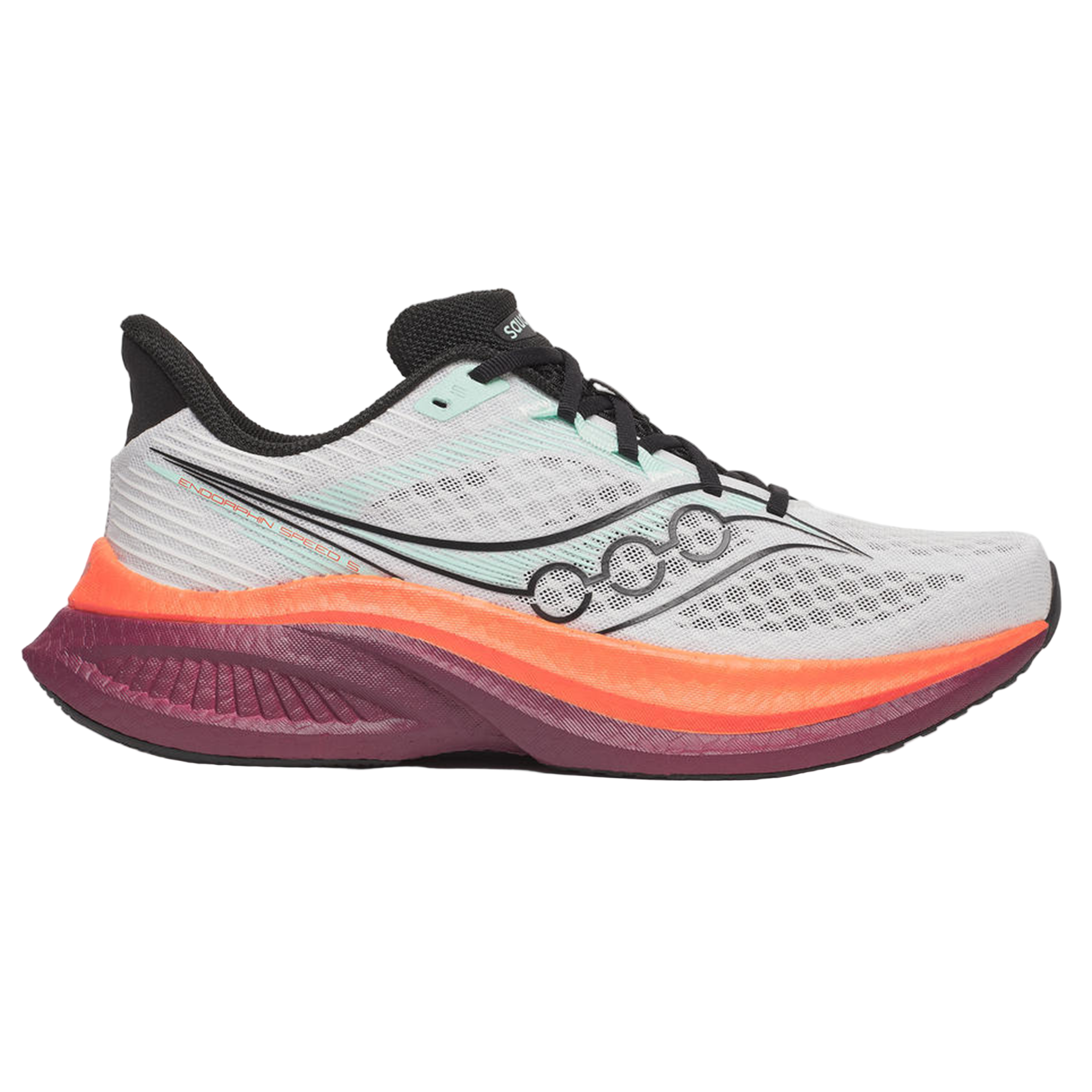 Side view on white background of Mens Saucony Endorphin Speed 5 running shoe in White/Crimson, Medium (Regular) width