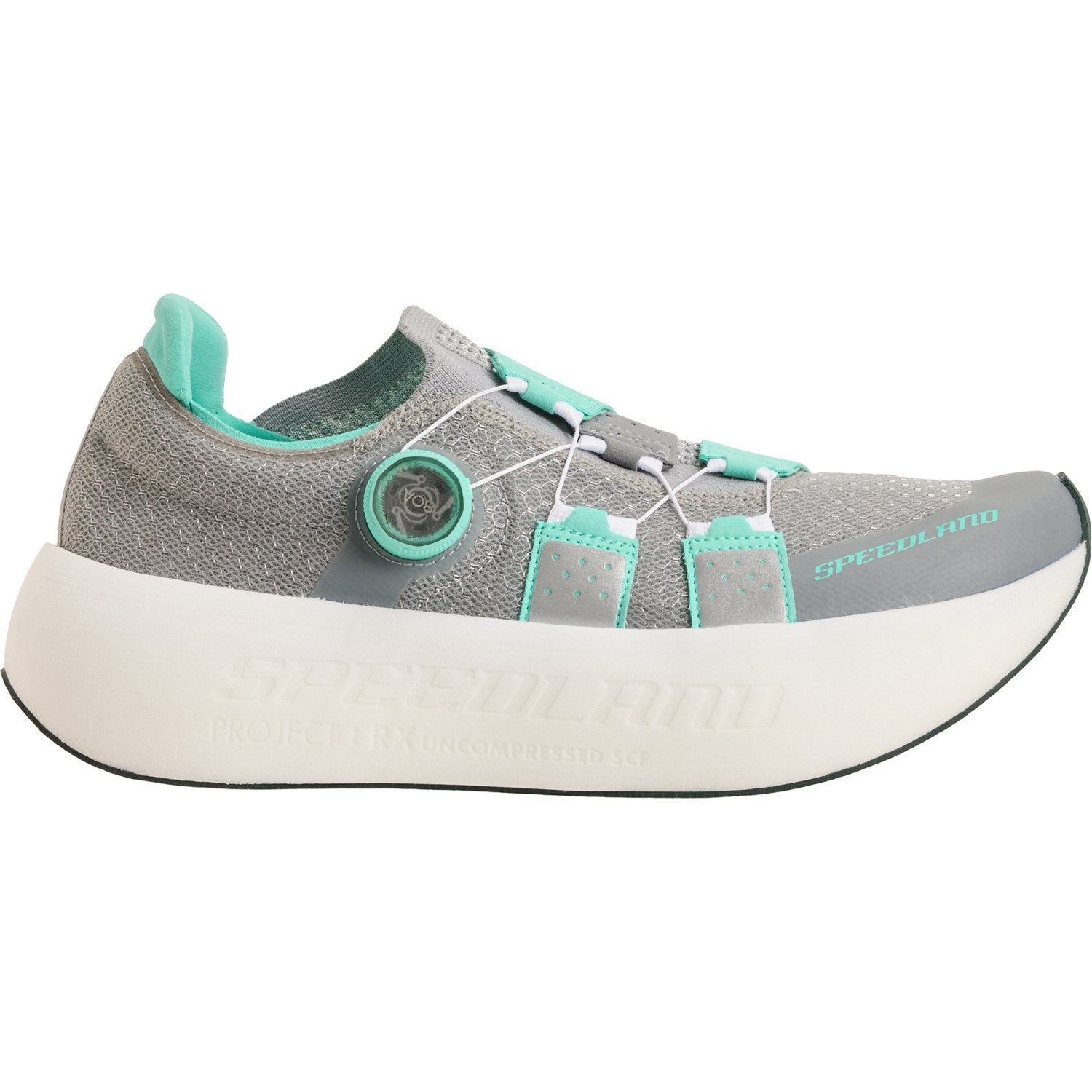 Side view on white background of Unisex Speedland RX:FPY running shoe in Grey/Green, Medium (Regular) width