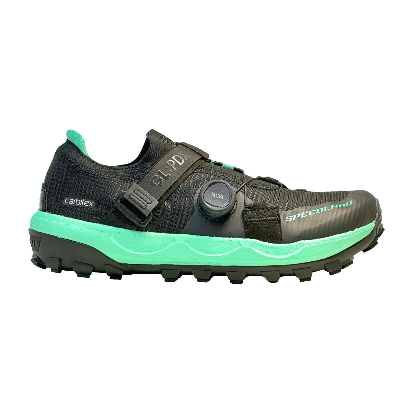 Side view on white background of Unisex Speedland GL:PDX running shoe in Black/Green, Medium (Regular) width
