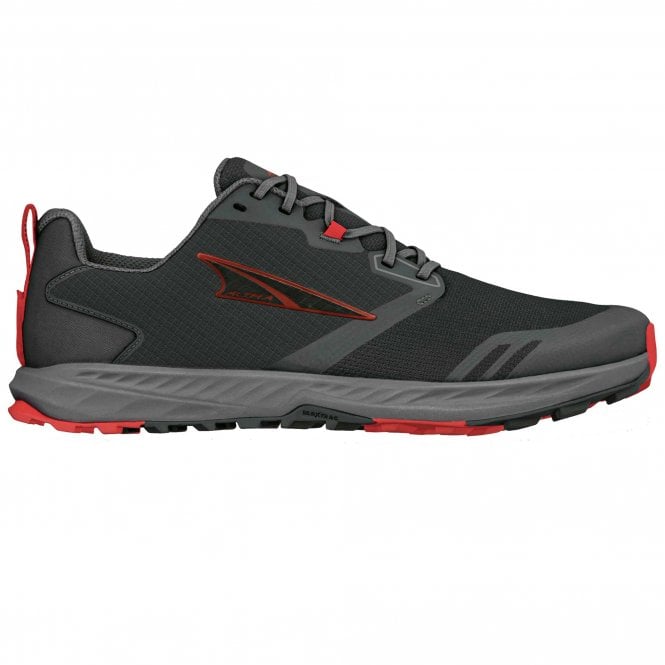Side view on white background of Mens Altra Superior 7 running shoe in Black/Gray, Medium (Regular) width