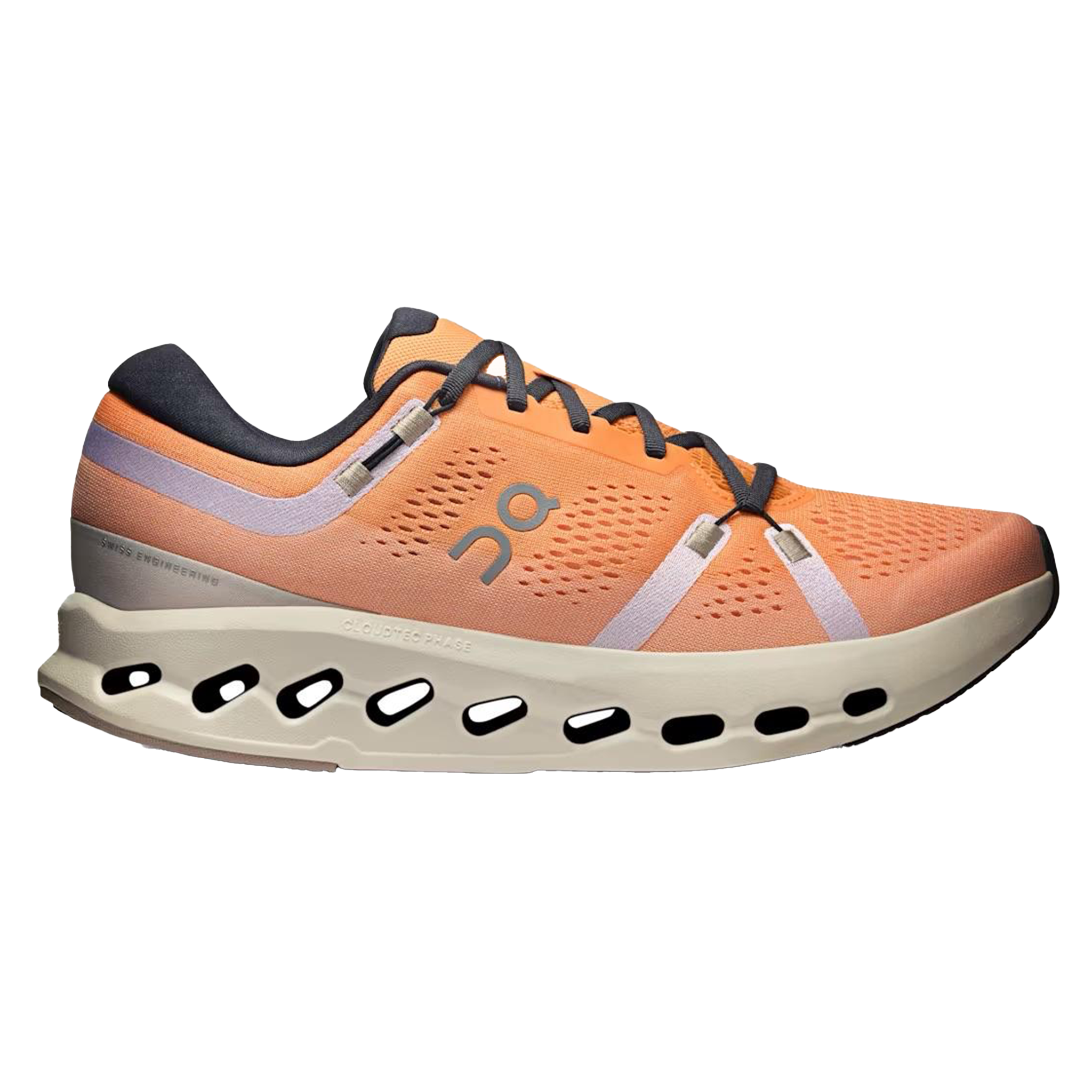 Side view on white background of Mens On Cloudsurfer 2 running shoe in Tangerine/Ivory, Medium (Regular) width