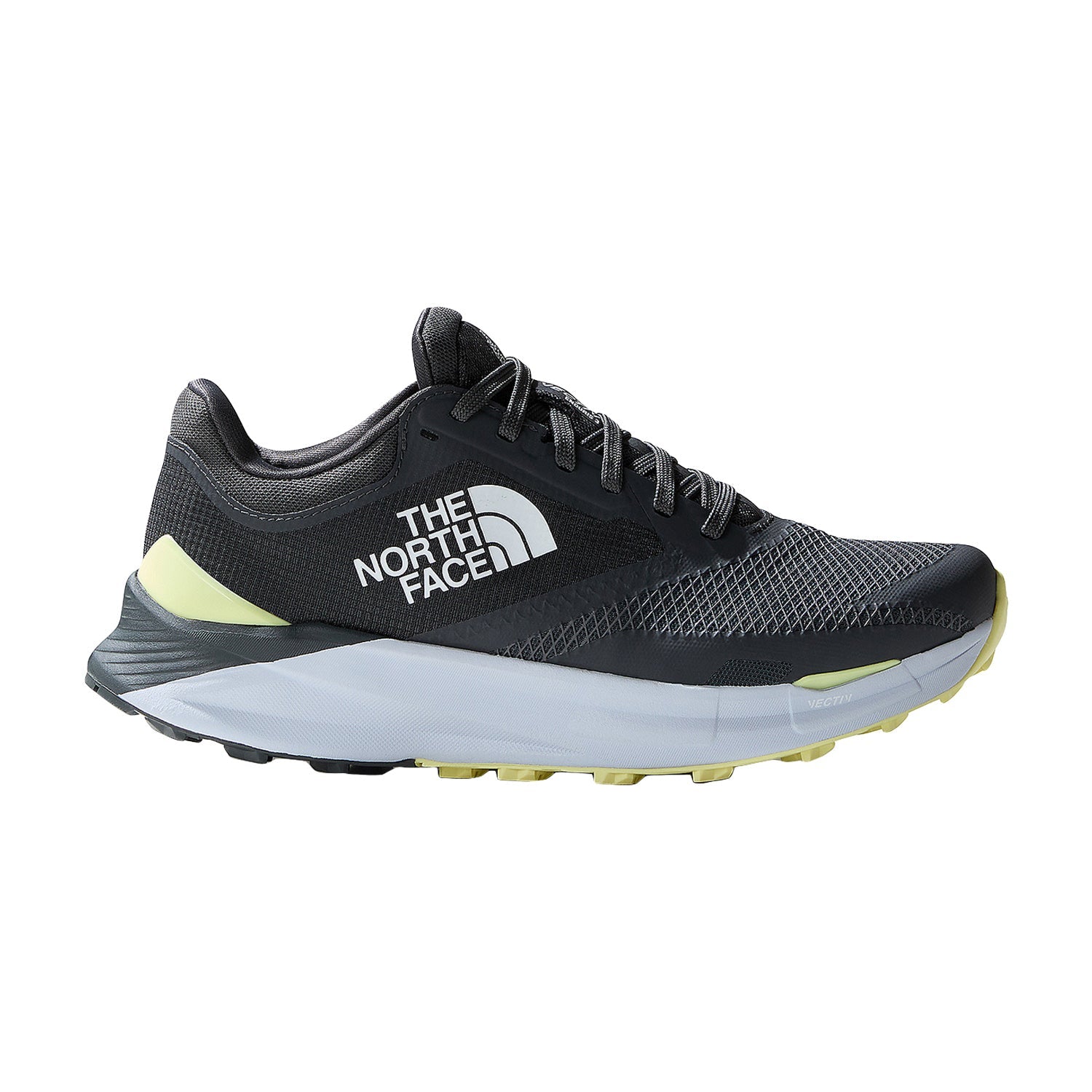 Side view on white background of Womens The North Face Vectiv Enduris 3 running shoe in Asphalt Grey/Sun Sprite, Medium (Regular) width