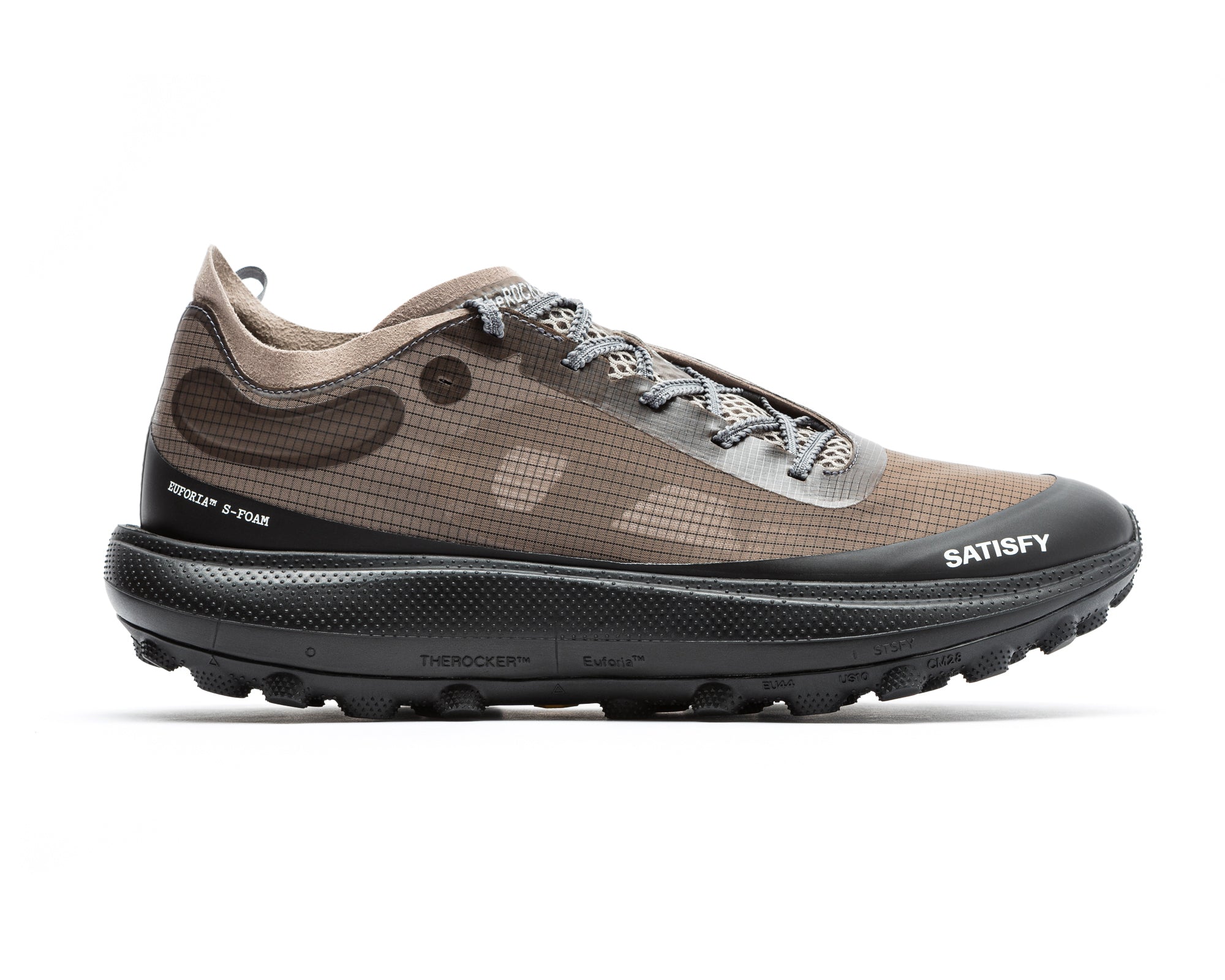 Side view on white background of Womens Satisfy TheRocker running shoe in Falcon, Medium (Regular) width