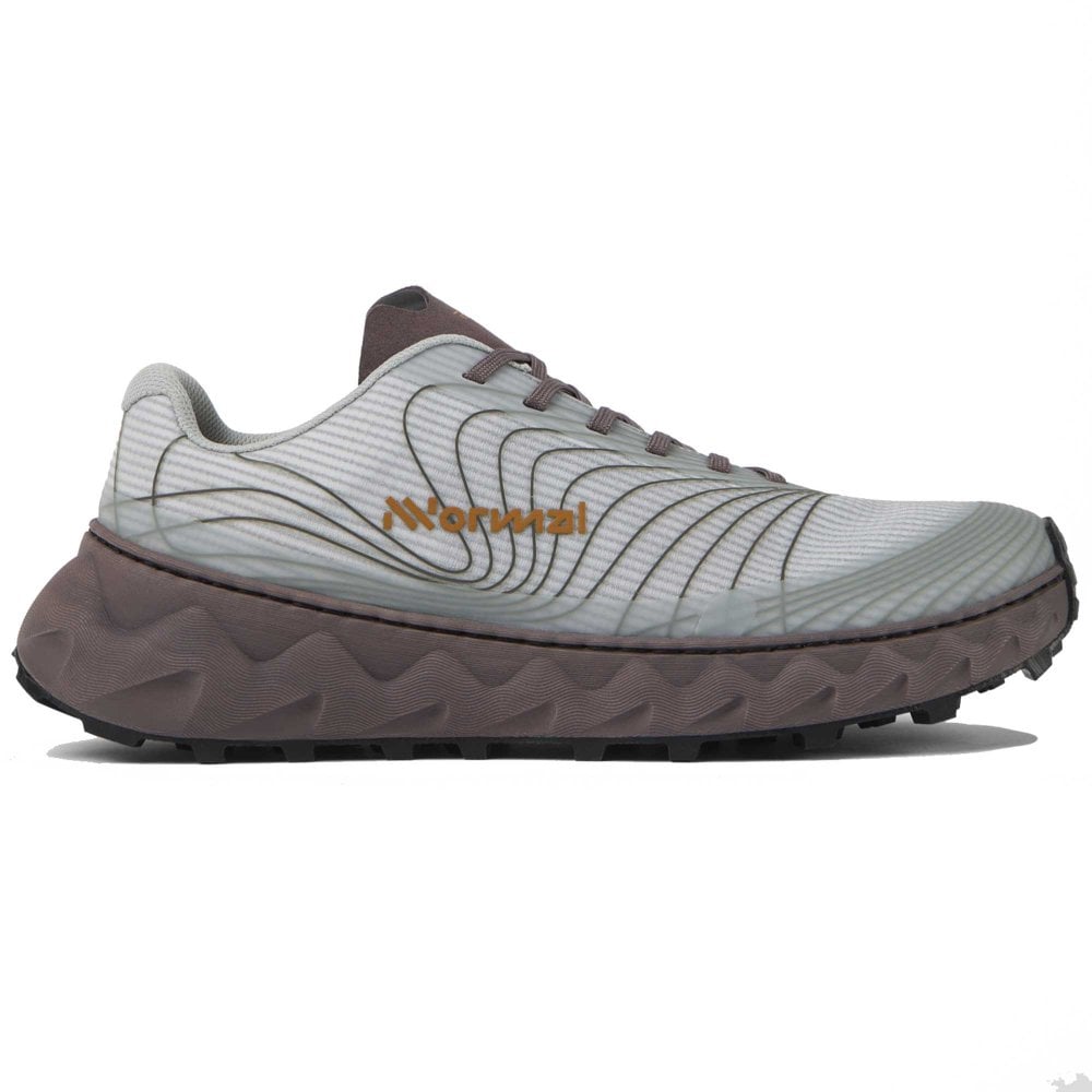 Side view on white background of Womens Nnormal Tomir running shoe in Grey/Purple, Medium (Regular) width
