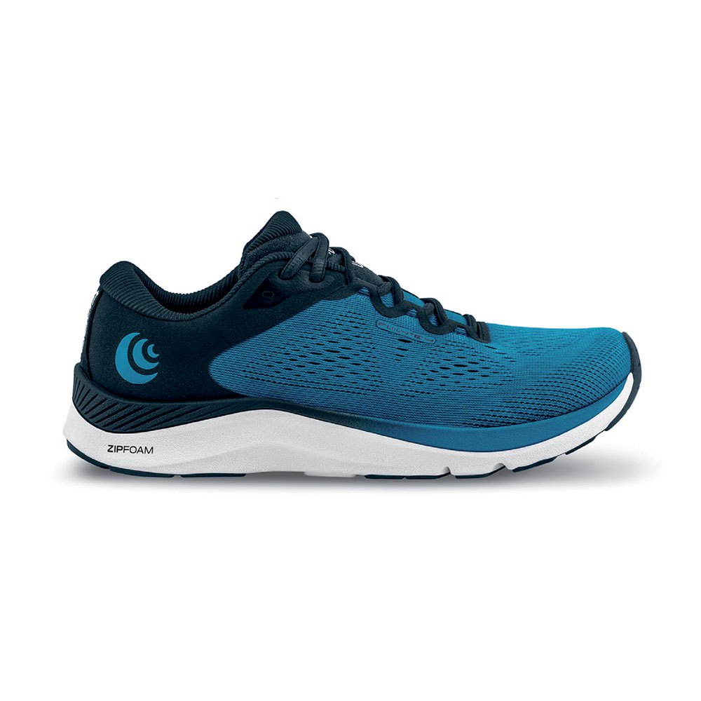 Side view on white background of Mens Topo Athletic Fli-Lyte 4 running shoe in Blue/White, Medium (Regular) width