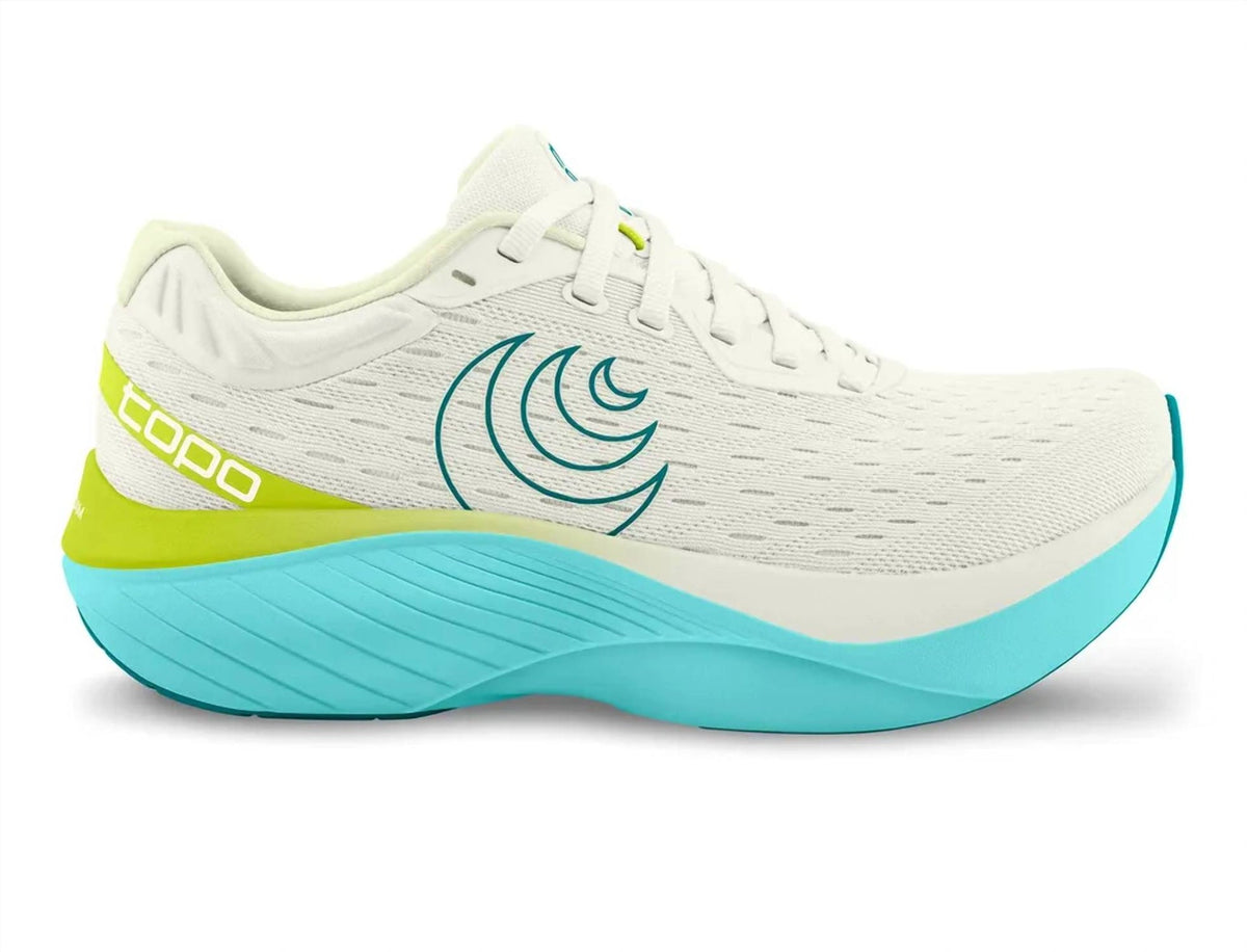 Side view on white background of Mens Topo Athletic Atmos running shoe in Green/Teal, Medium (Regular) width