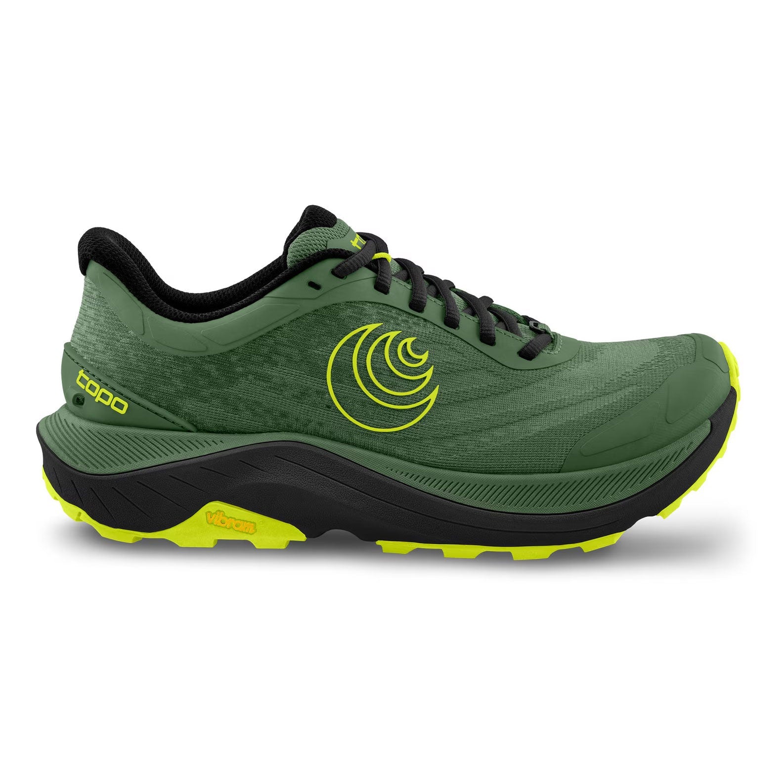 Side view on white background of Mens Topo Athletic Ultraventure 4 running shoe in Green/Black, Medium (Regular) width