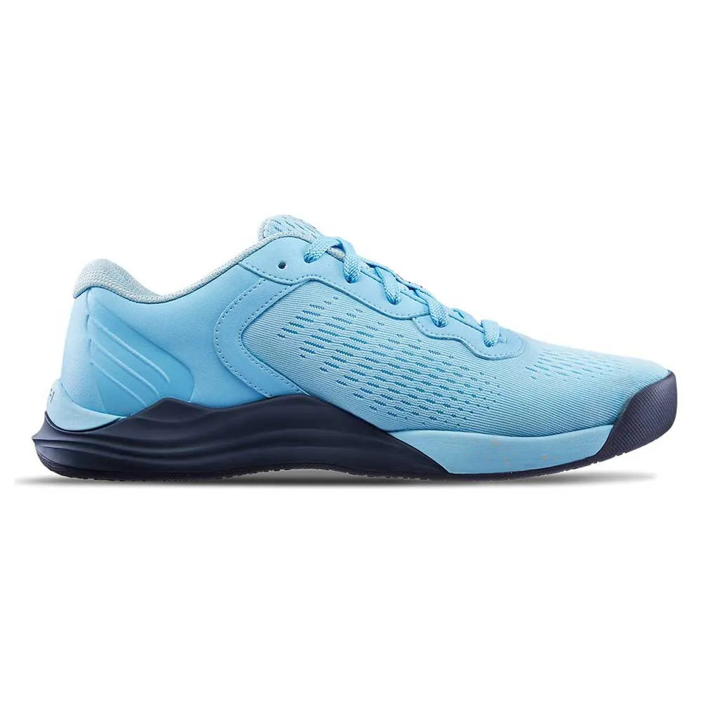 Side view on white background of Mens TYR CXT-1 running shoe in Sky Blue, Medium (Regular) width