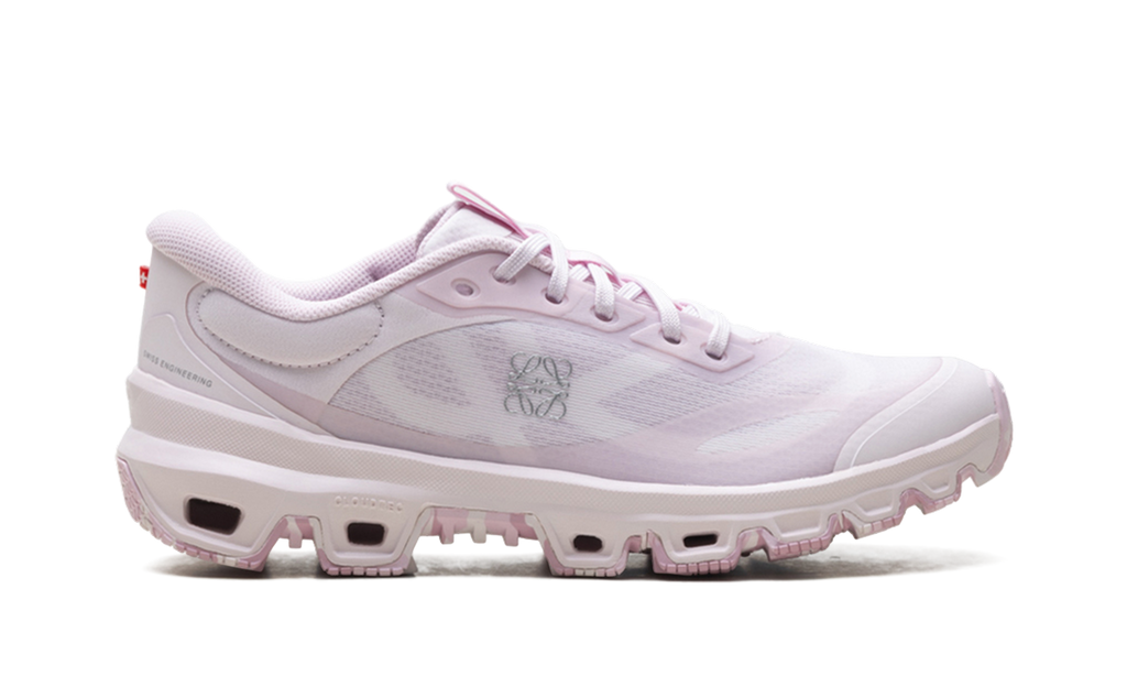 Side view on white background of Womens On Cloudventure LOEWE 2 running shoe in Pink, Medium (Regular) width
