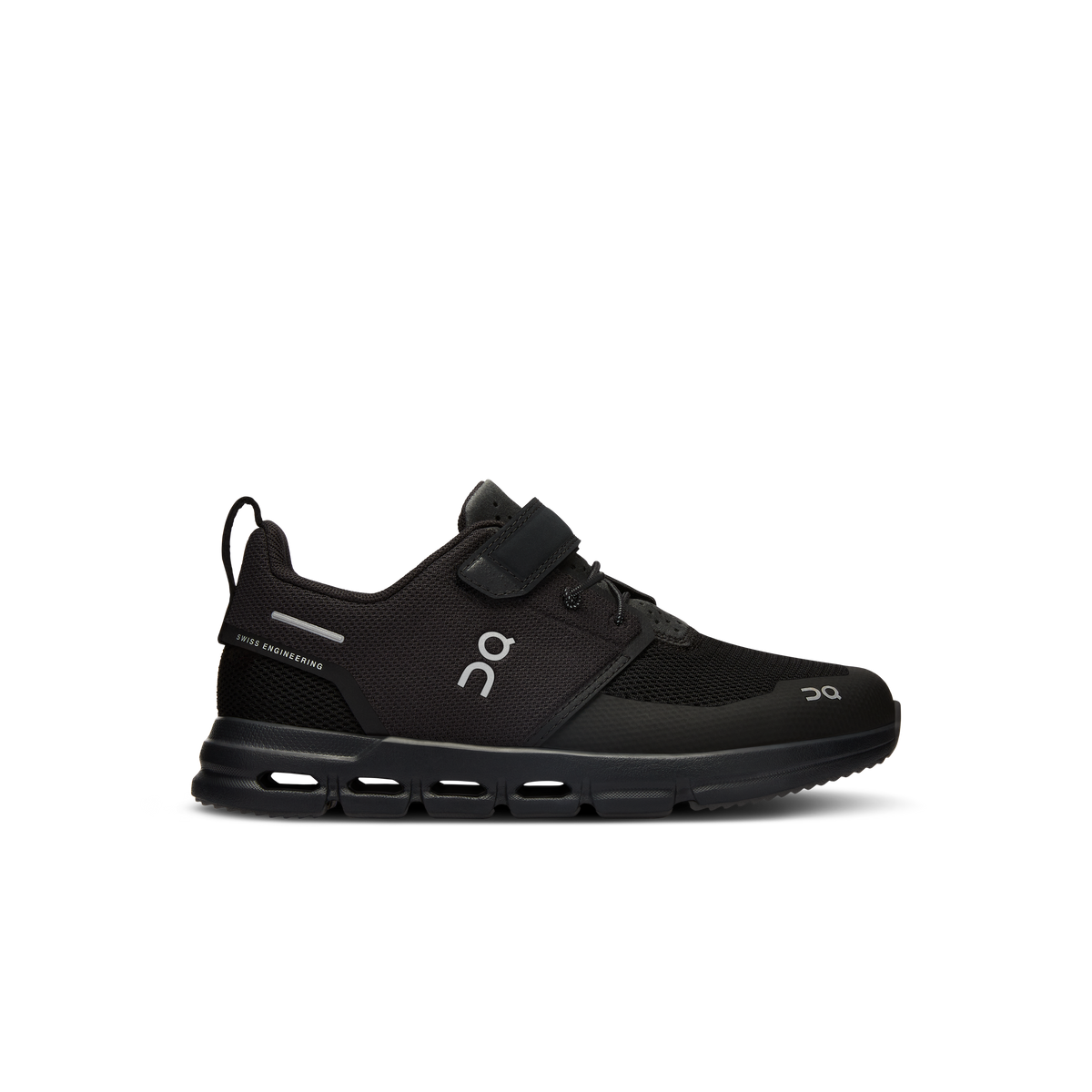 Side view on white background of Youth On  shoe in All Black, Medium (Regular) width