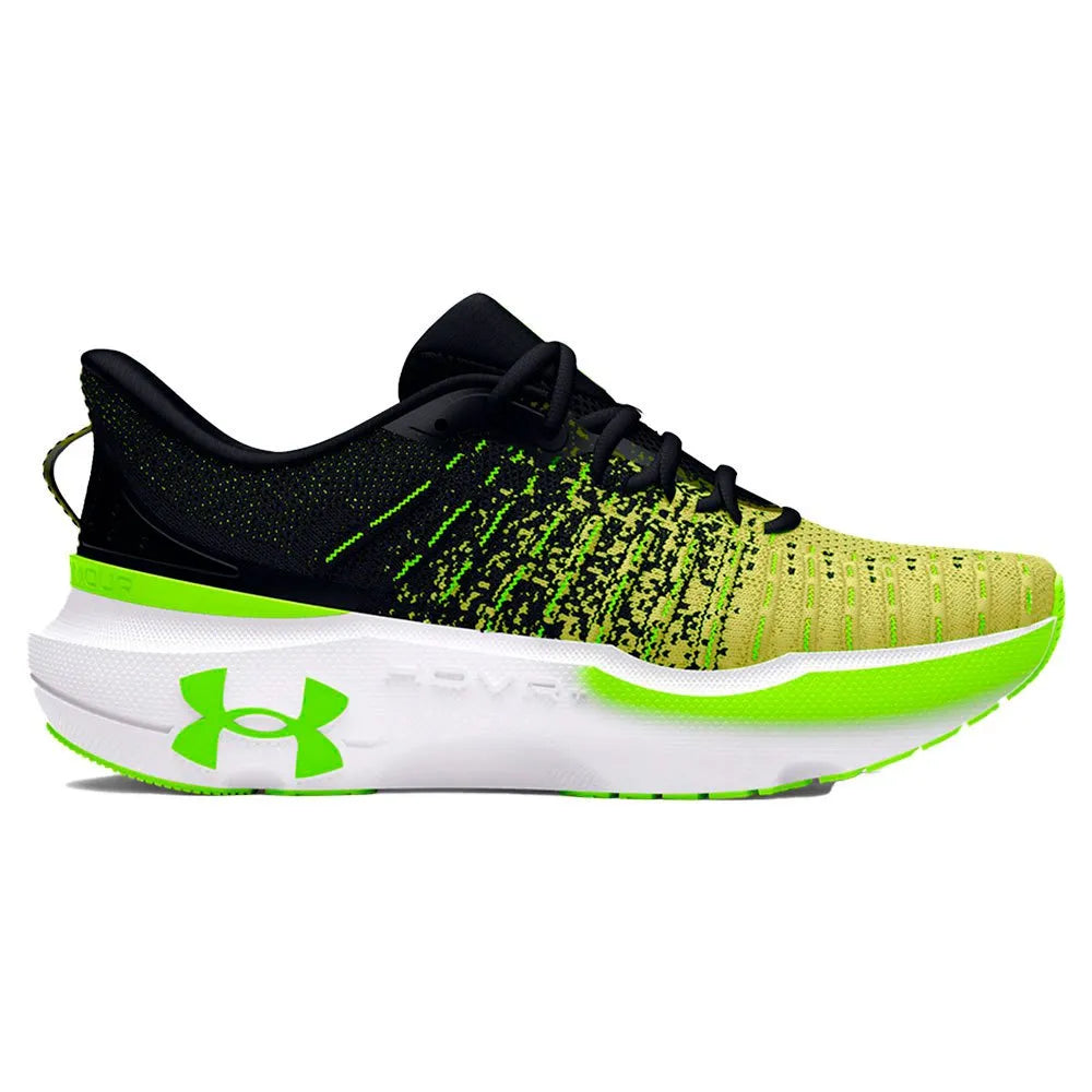 Side view on white background of Mens Under Armour Infinite Elite running shoe in Black/Yellow, Medium (Regular) width