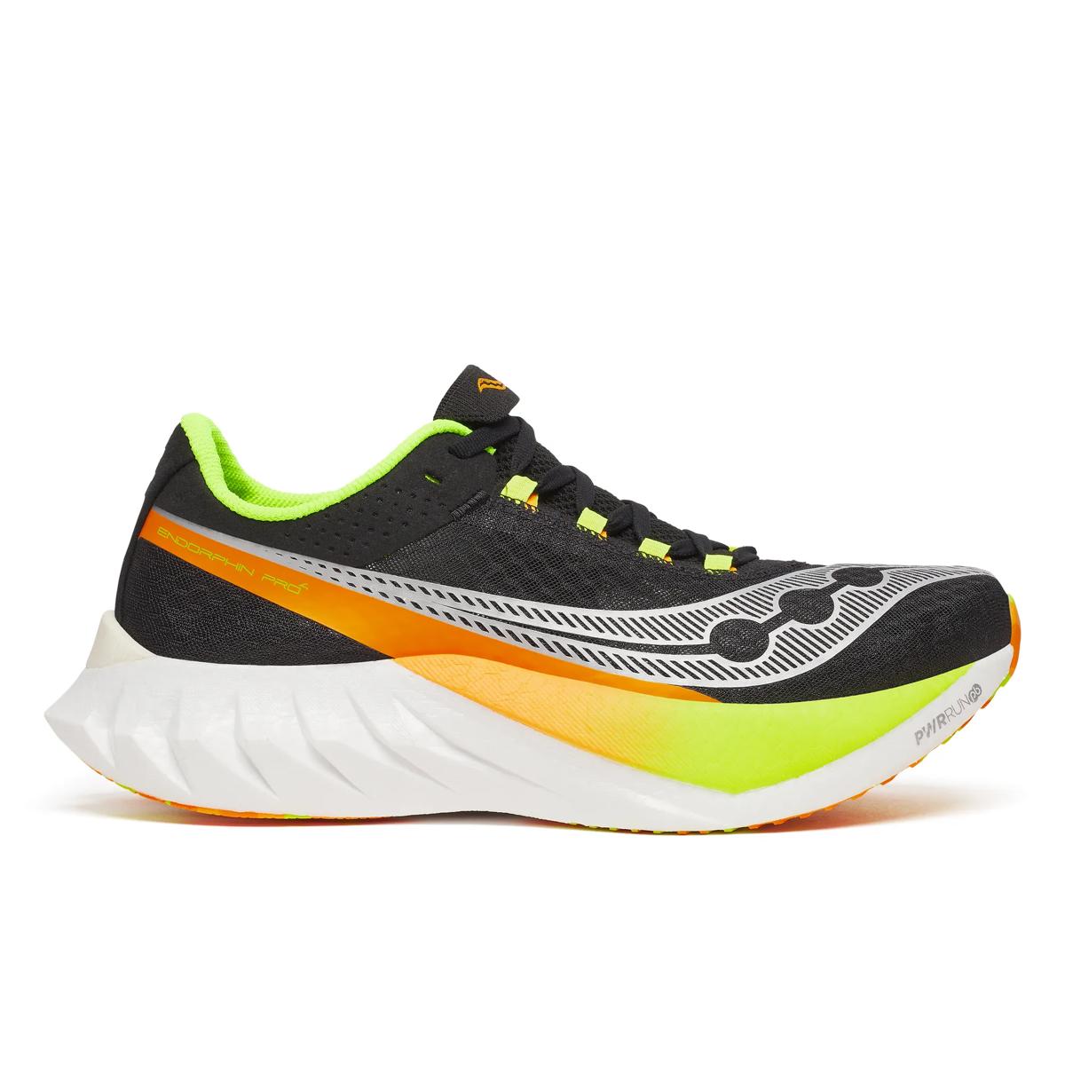 Side view on white background of Mens Saucony Endorphin Pro 4 running shoe in Black/V02, Medium (Regular) width