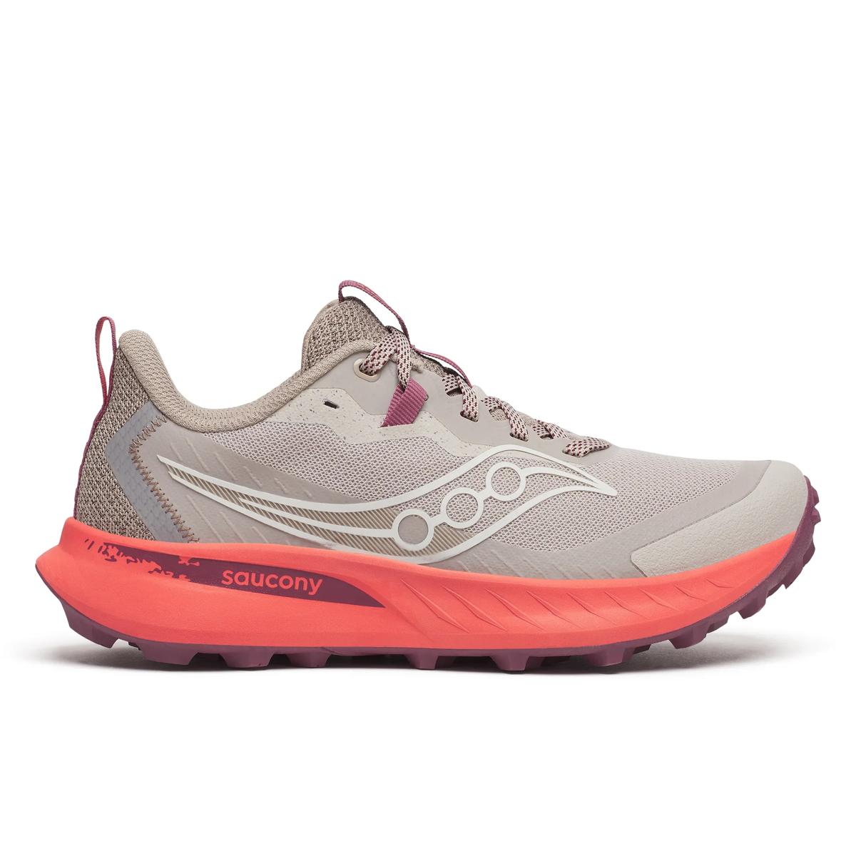 Side view on white background of Womens Saucony Peregrine 15 running shoe in Oat/Salmon, Medium (Regular) width