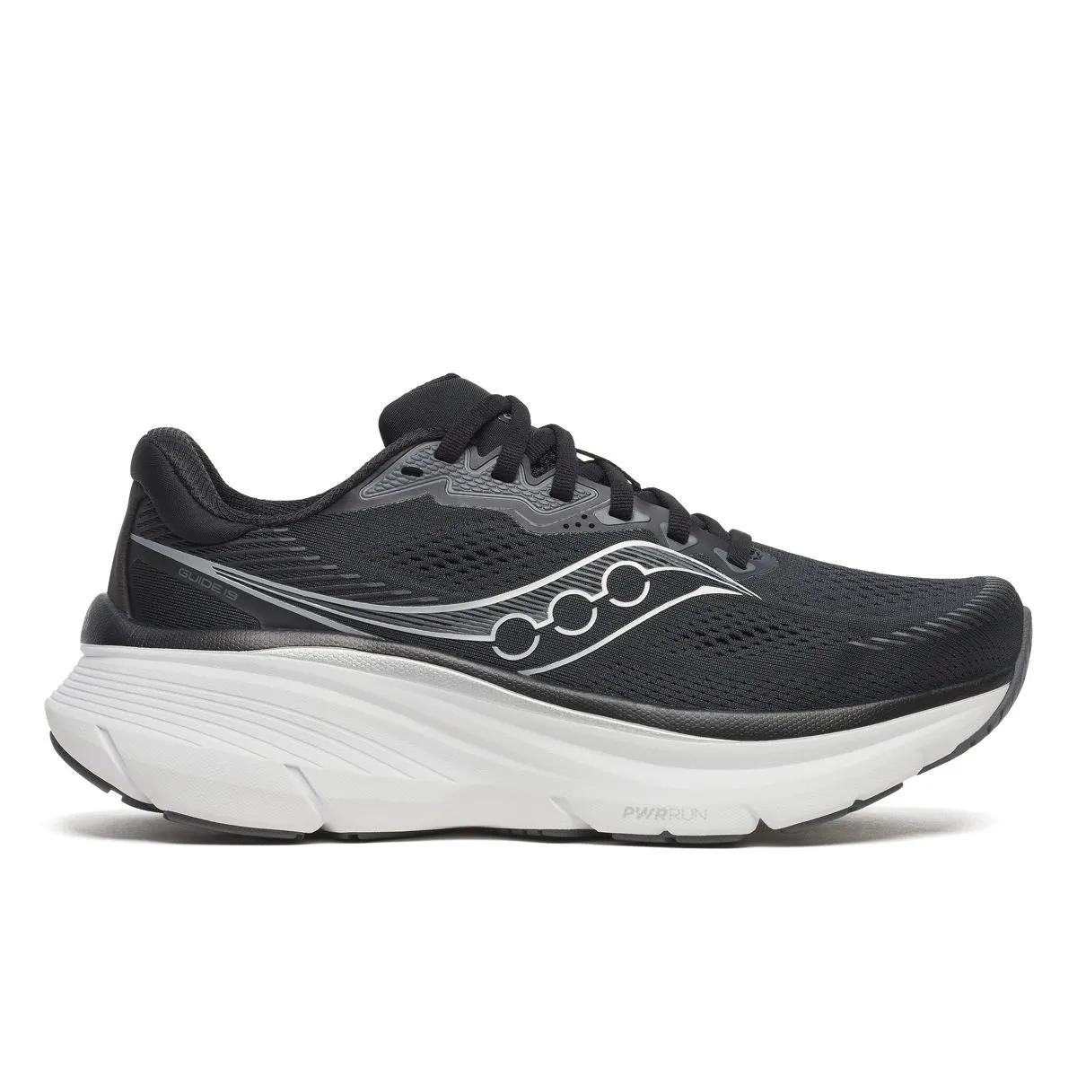 Side view on white background of Womens Saucony Guide 19 running shoe in Black/Silver, Wide width