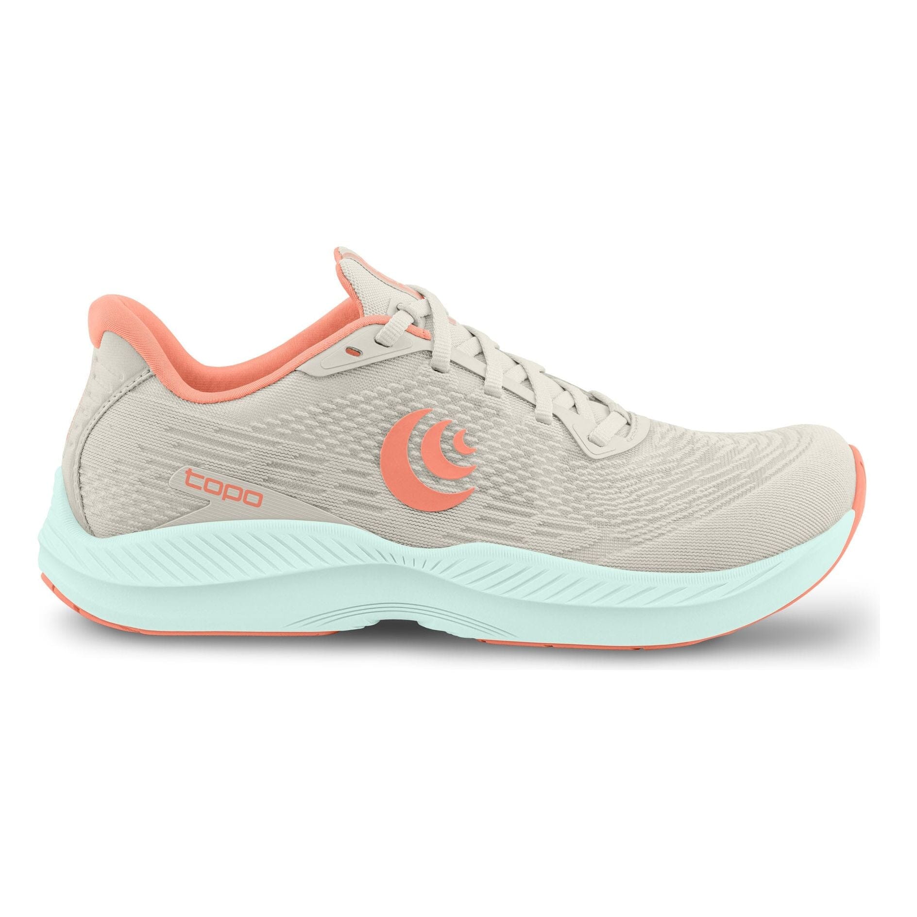 Side view on white background of Womens Topo Athletic Fli-Lyte 5 running shoe in Grey/Sky, Medium (Regular) width