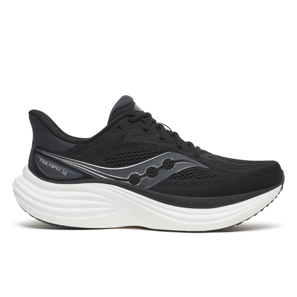Side view on white background of Mens Saucony Triumph 24 running shoe in Black/Silver, Medium (Regular) width