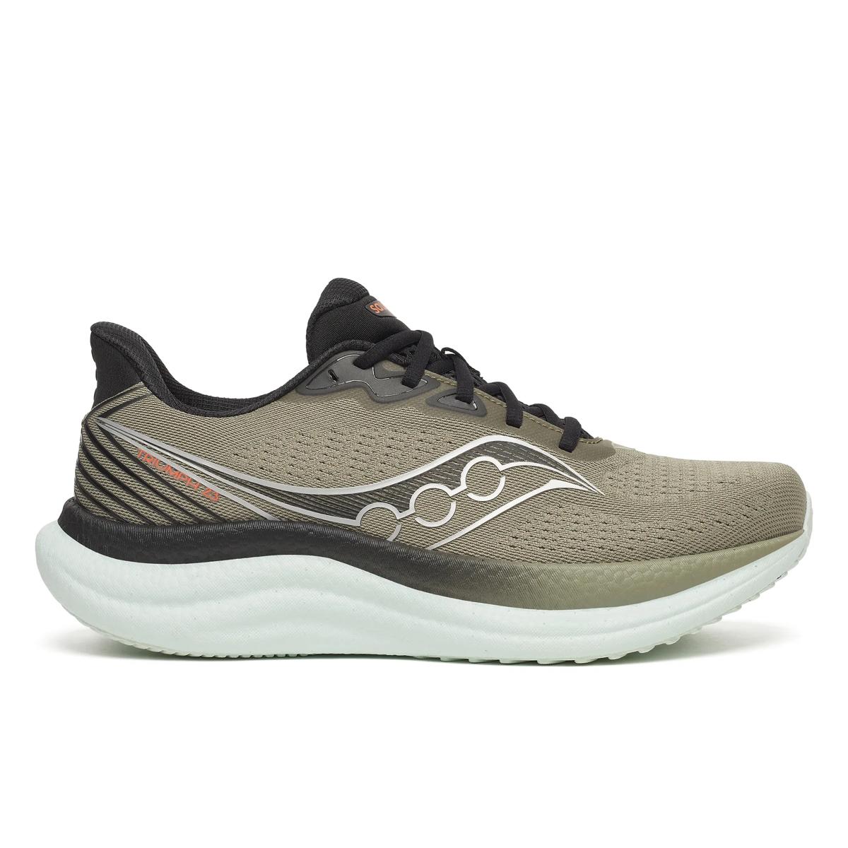 Side view on white background of Mens Saucony Triumph 23 running shoe in Laurel/Black, Medium (Regular) width