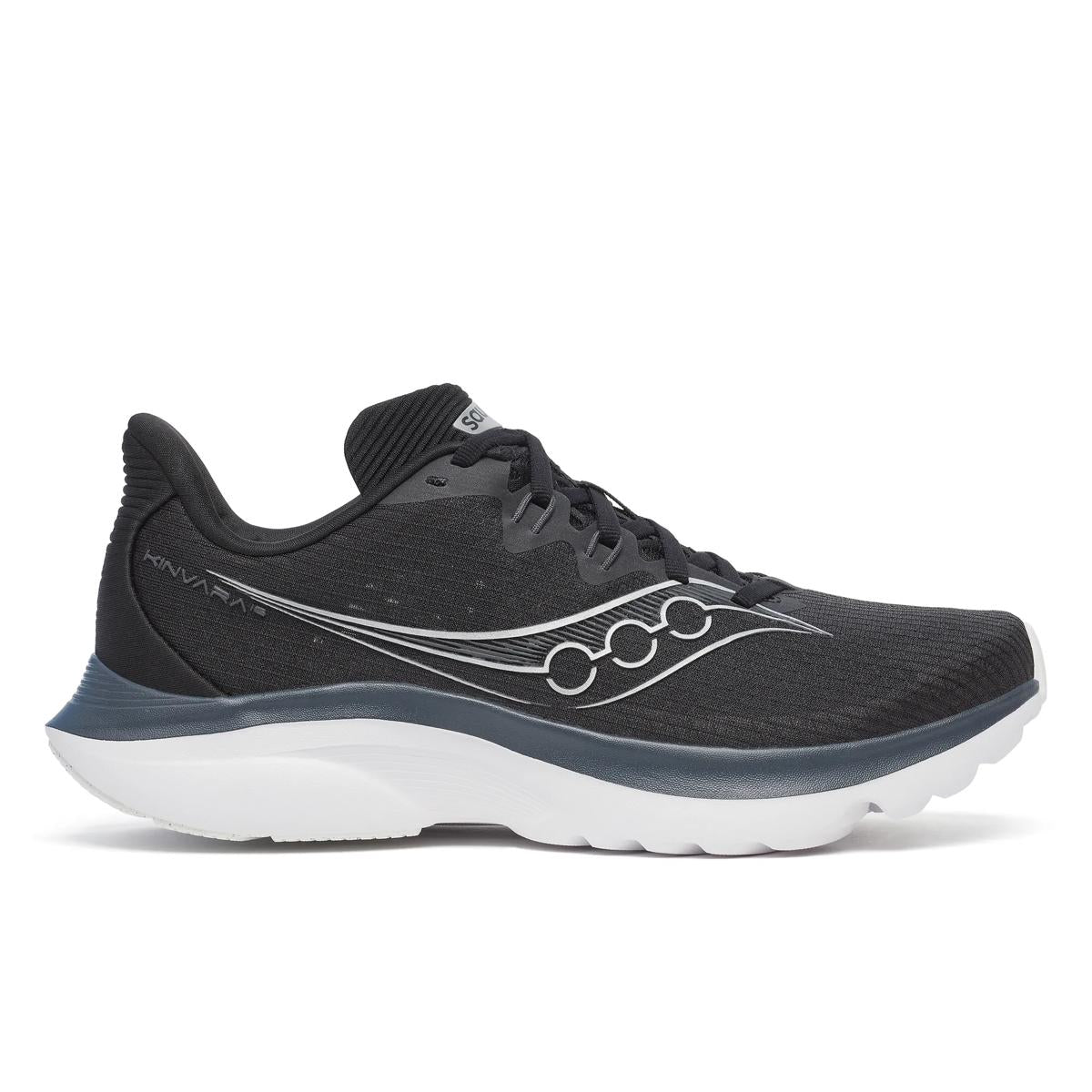 Side view on white background of Womens Saucony Kinvara 16 running shoe in Black/White, Medium (Regular) width