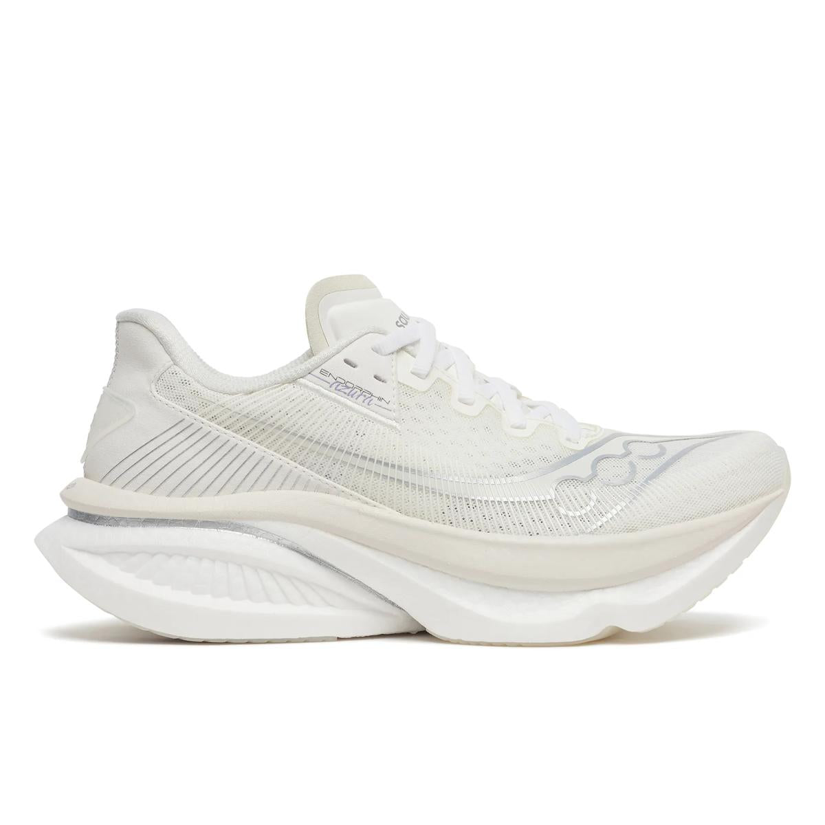 Side view on white background of Womens Saucony Endorphin Azura running shoe in Ivory/White, Medium (Regular) width