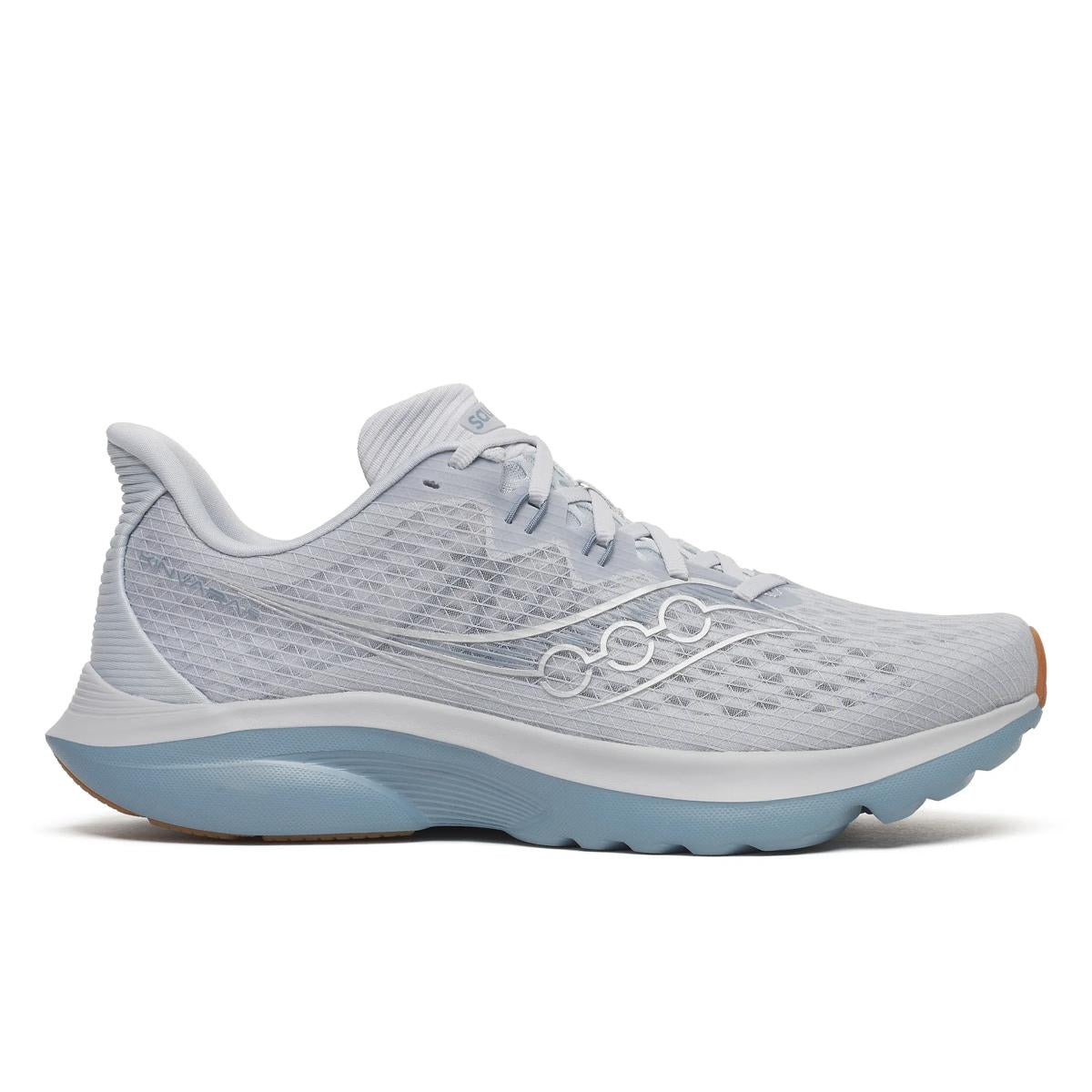 Side view on white background of Mens Saucony Kinvara 16 running shoe in Cloud/Storm, Medium (Regular) width
