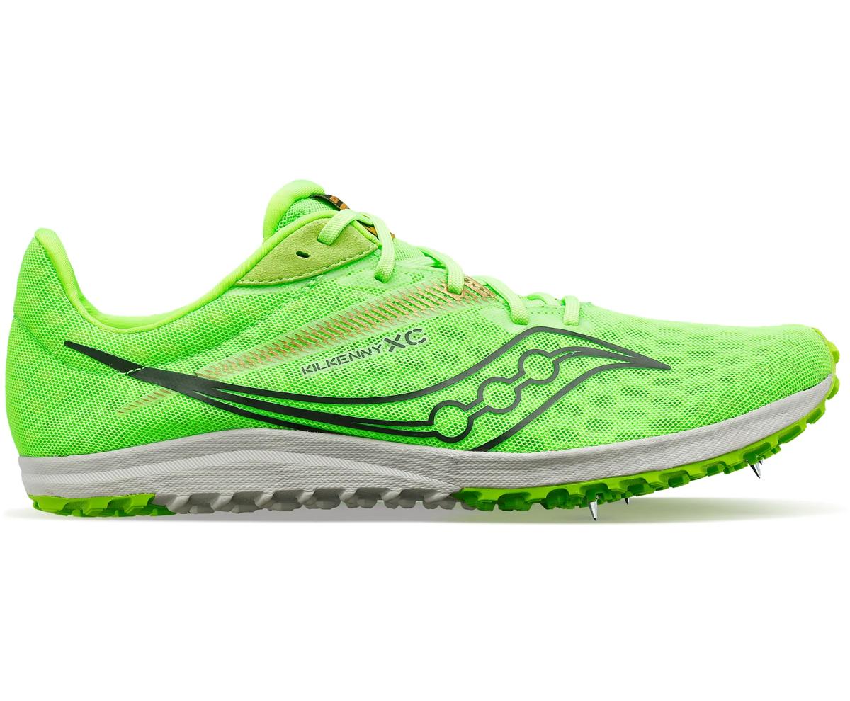 Side view on white background of Mens Saucony Kilkenny XC 9 running shoe in Slime, Medium (Regular) width