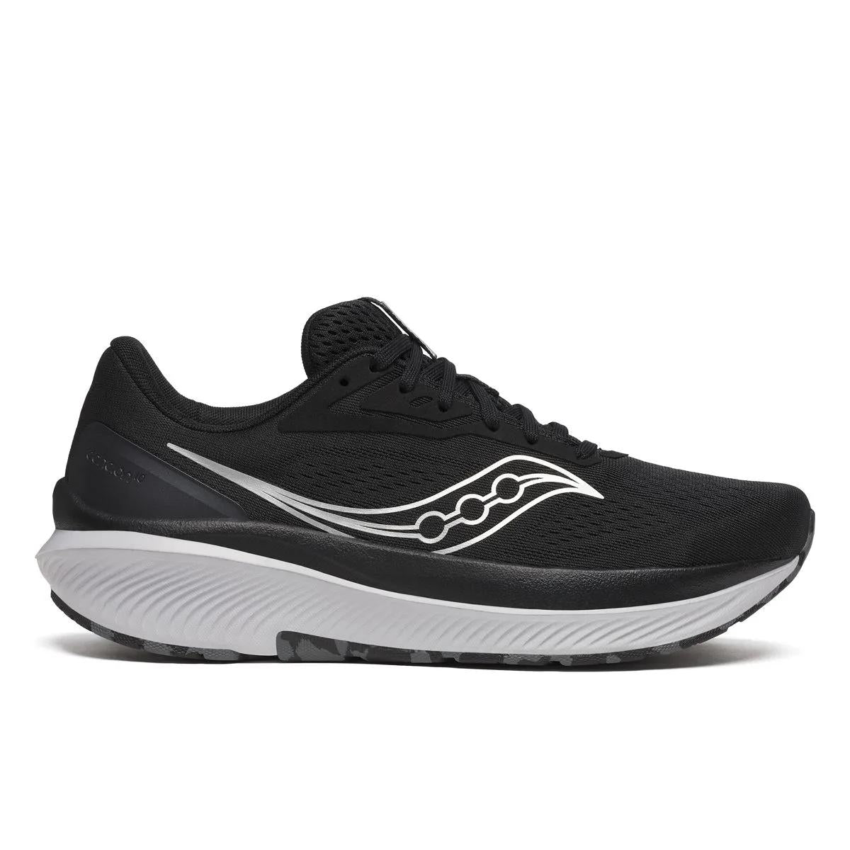 Side view on white background of Womens Saucony Echelon 10 running shoe in Black/SIlver, Extra Wide width