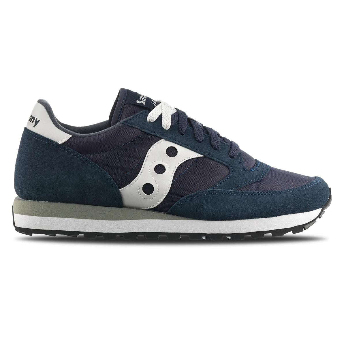 Side view on white background of Mens Saucony Jazz Original running shoe in Navy/White, Medium (Regular) width